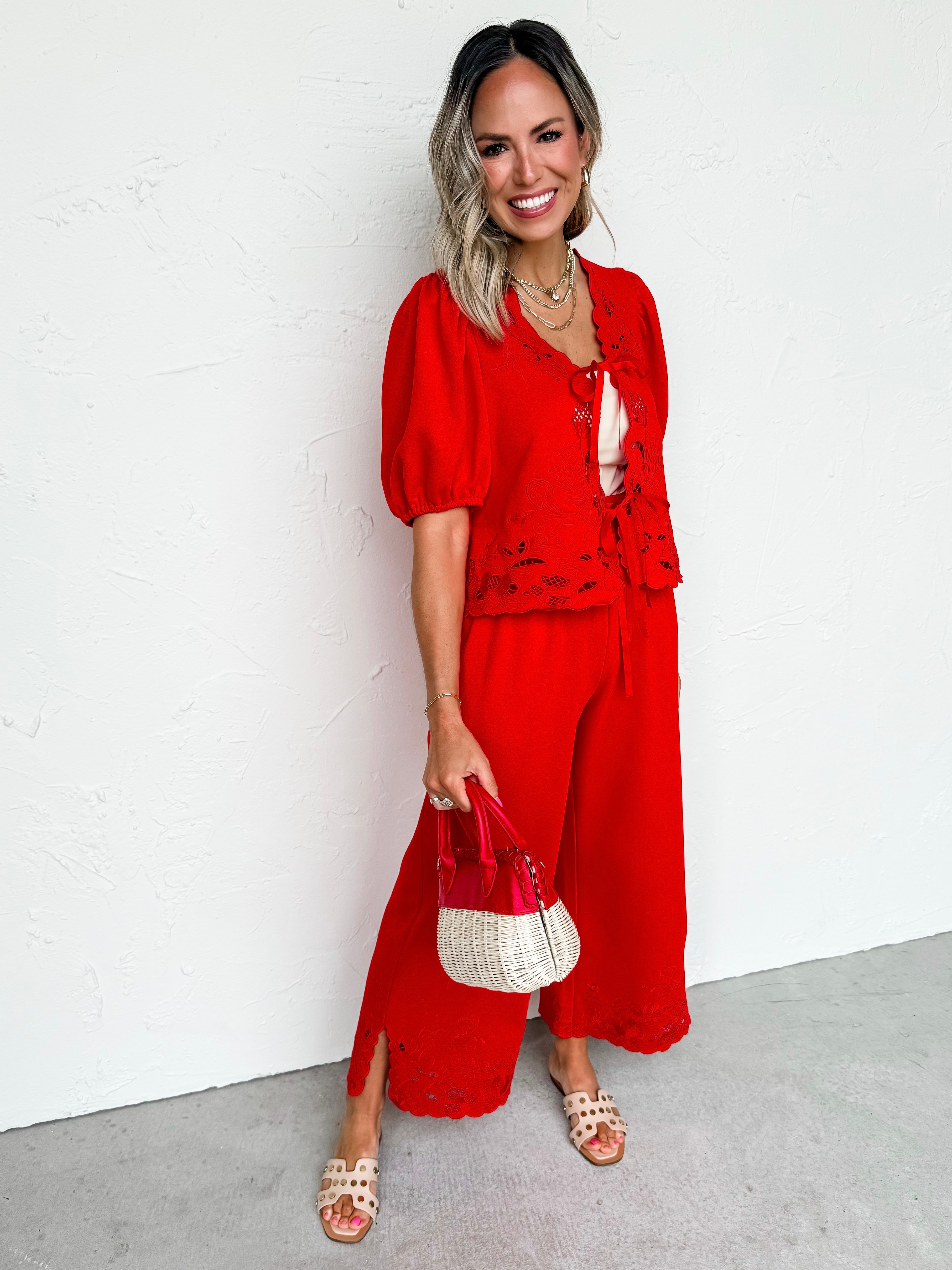 Piper Embroidered Knit Pants-Red