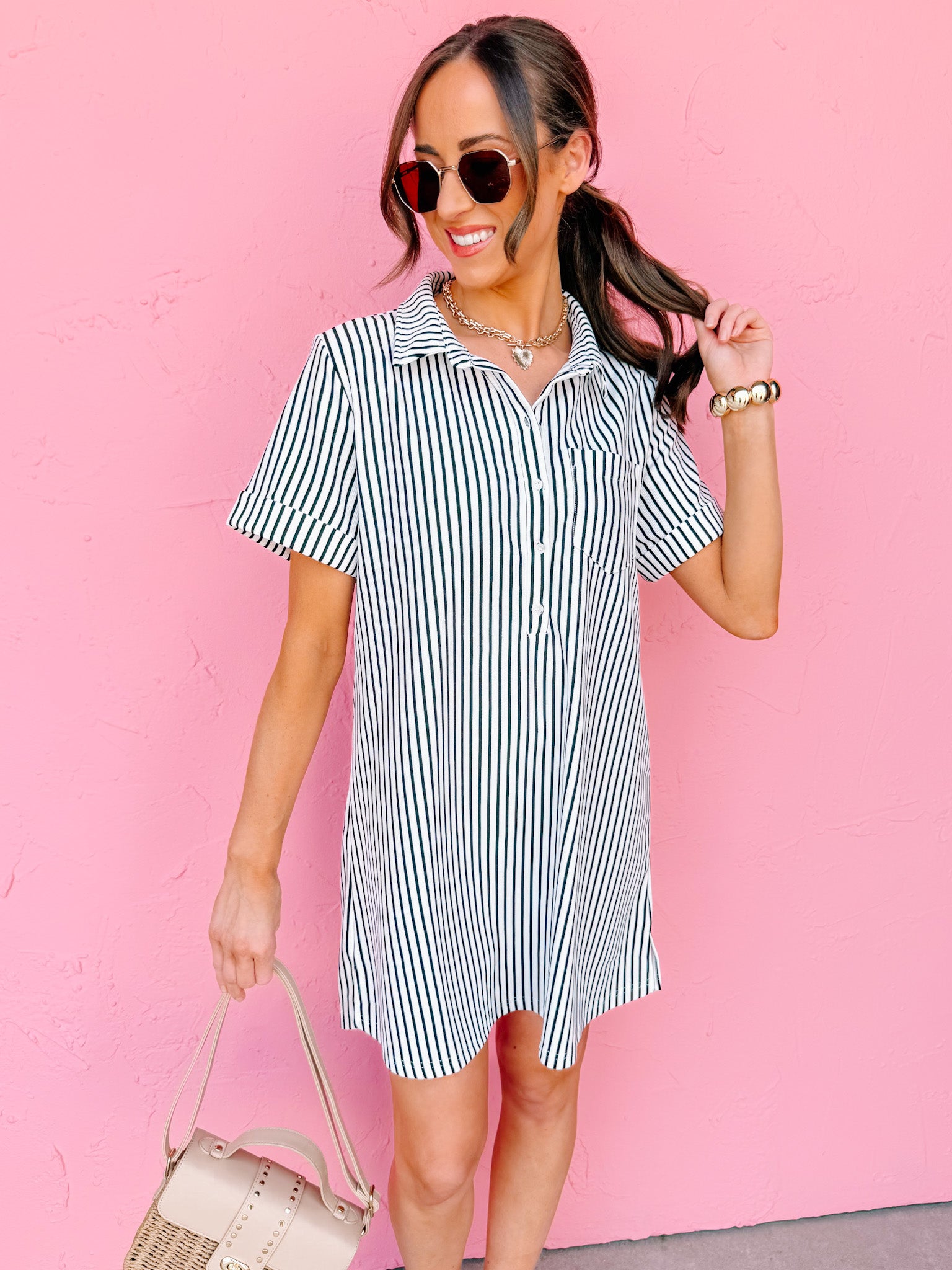 Quincy Striped T-Shirt Dress-Black