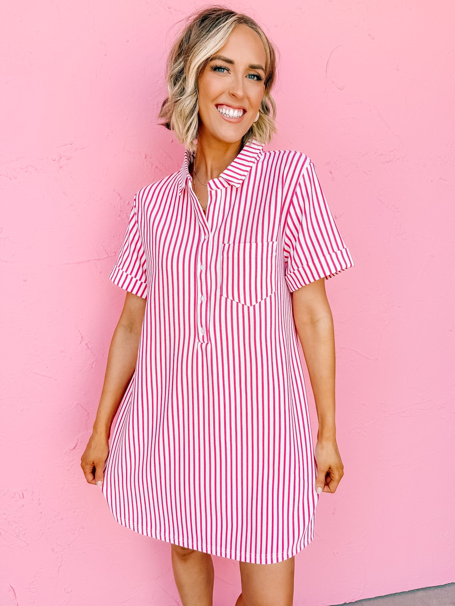 Quincy Striped T-Shirt Dress-Pink