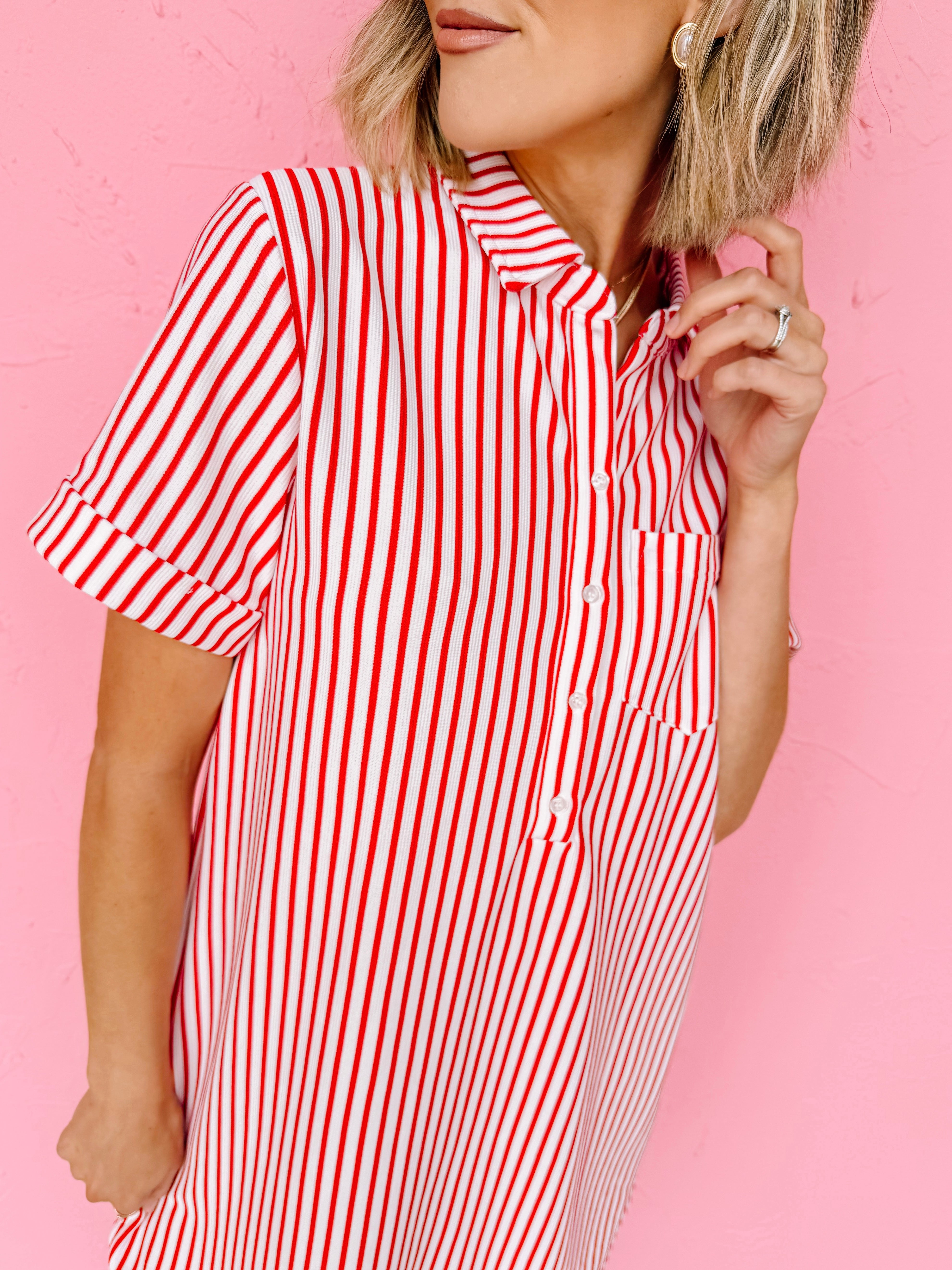 Quincy Striped T-Shirt Dress-Red