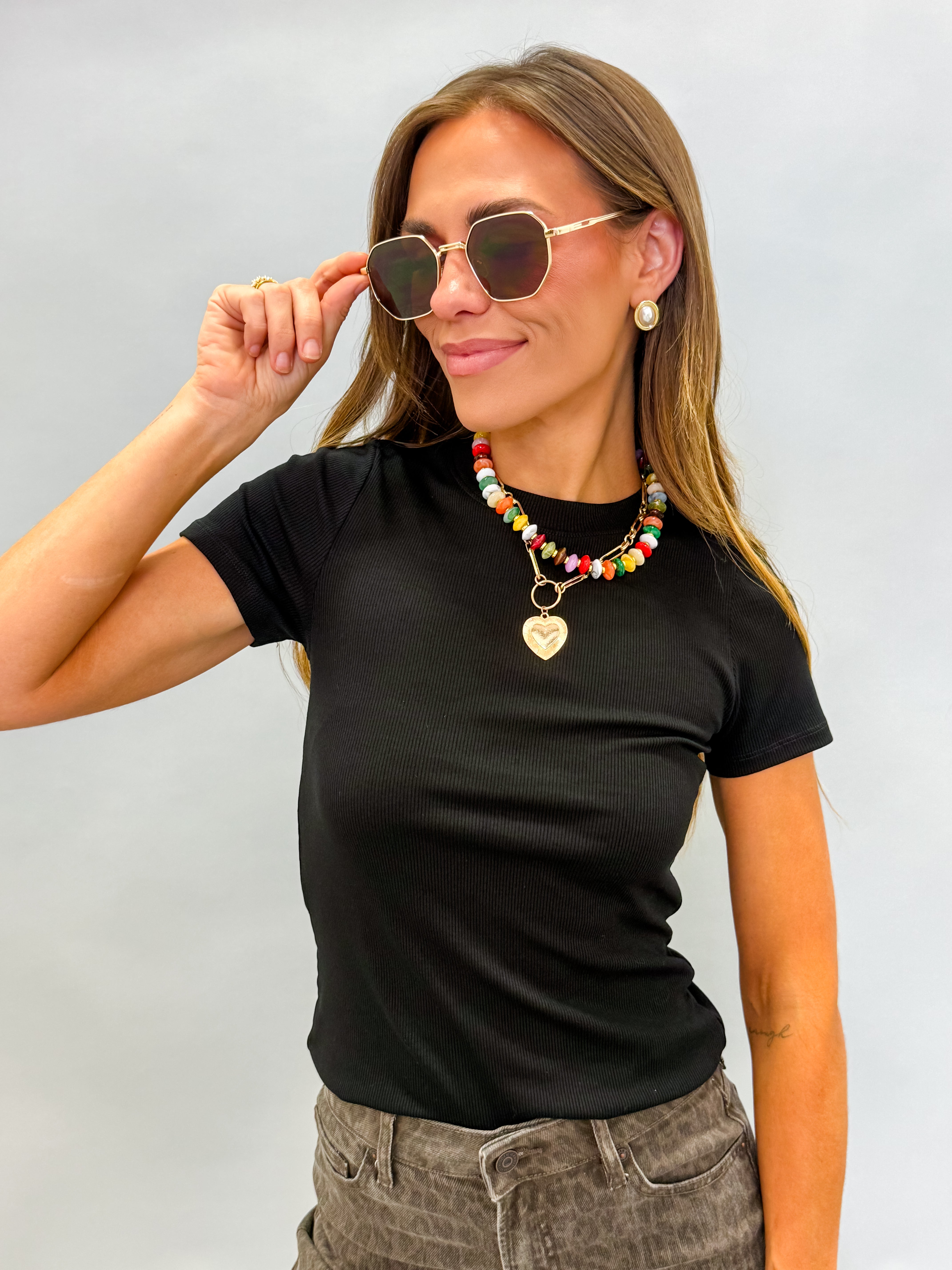 Renee Cotton Blend V-neck Tee-Black