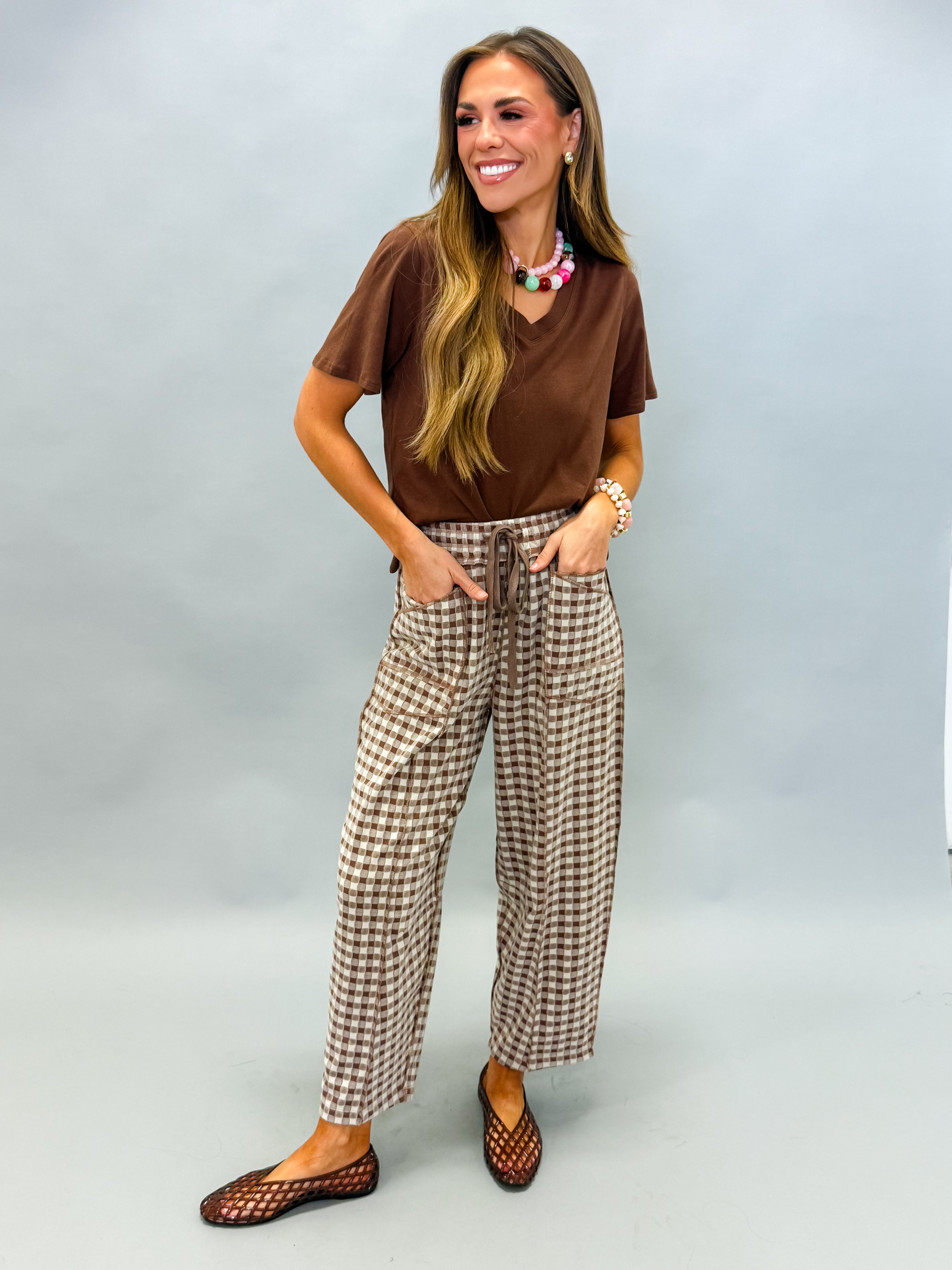 Renee Cotton Blend V-neck Tee-Brown
