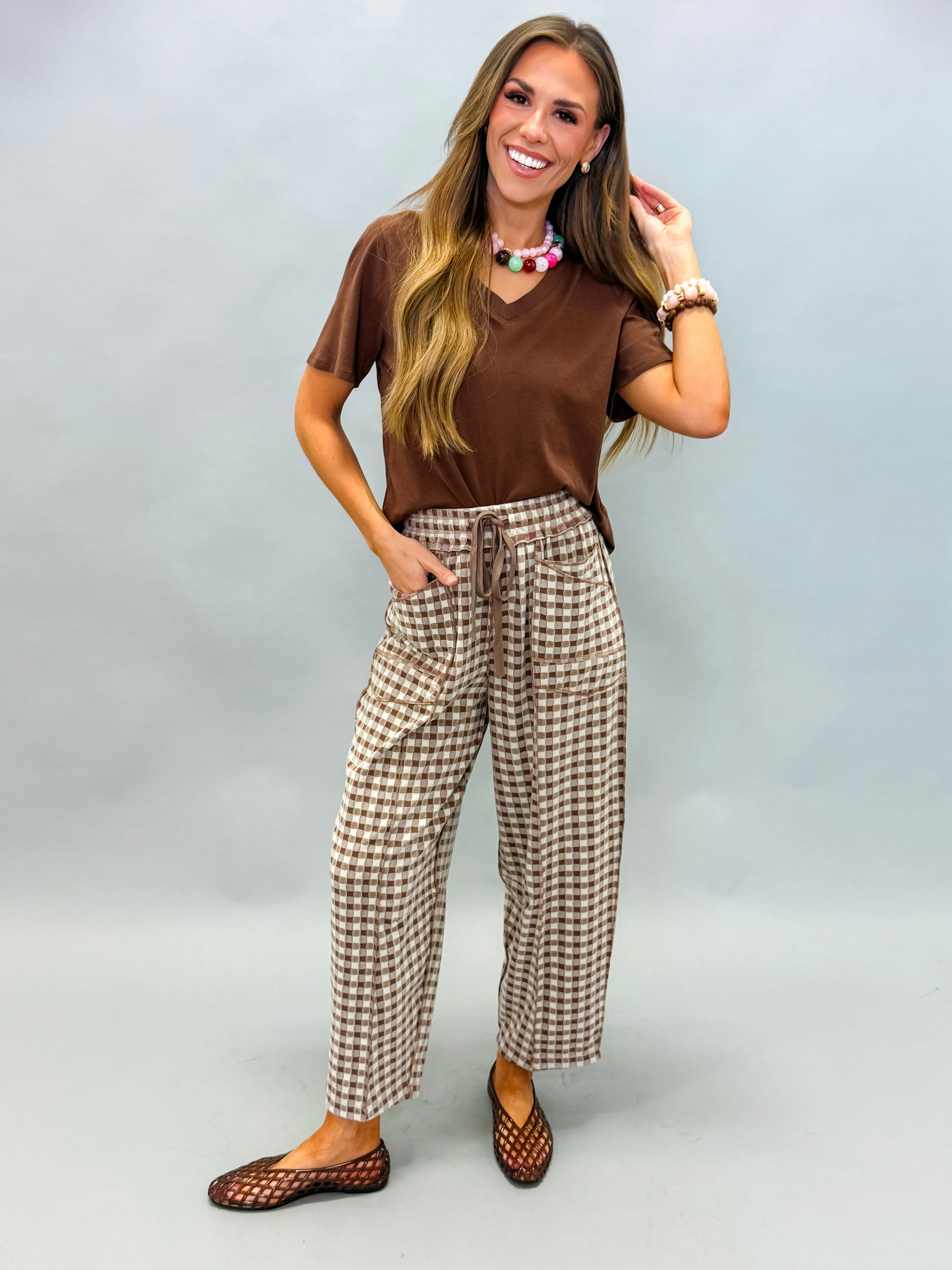 Renee Cotton Blend V-neck Tee-Brown