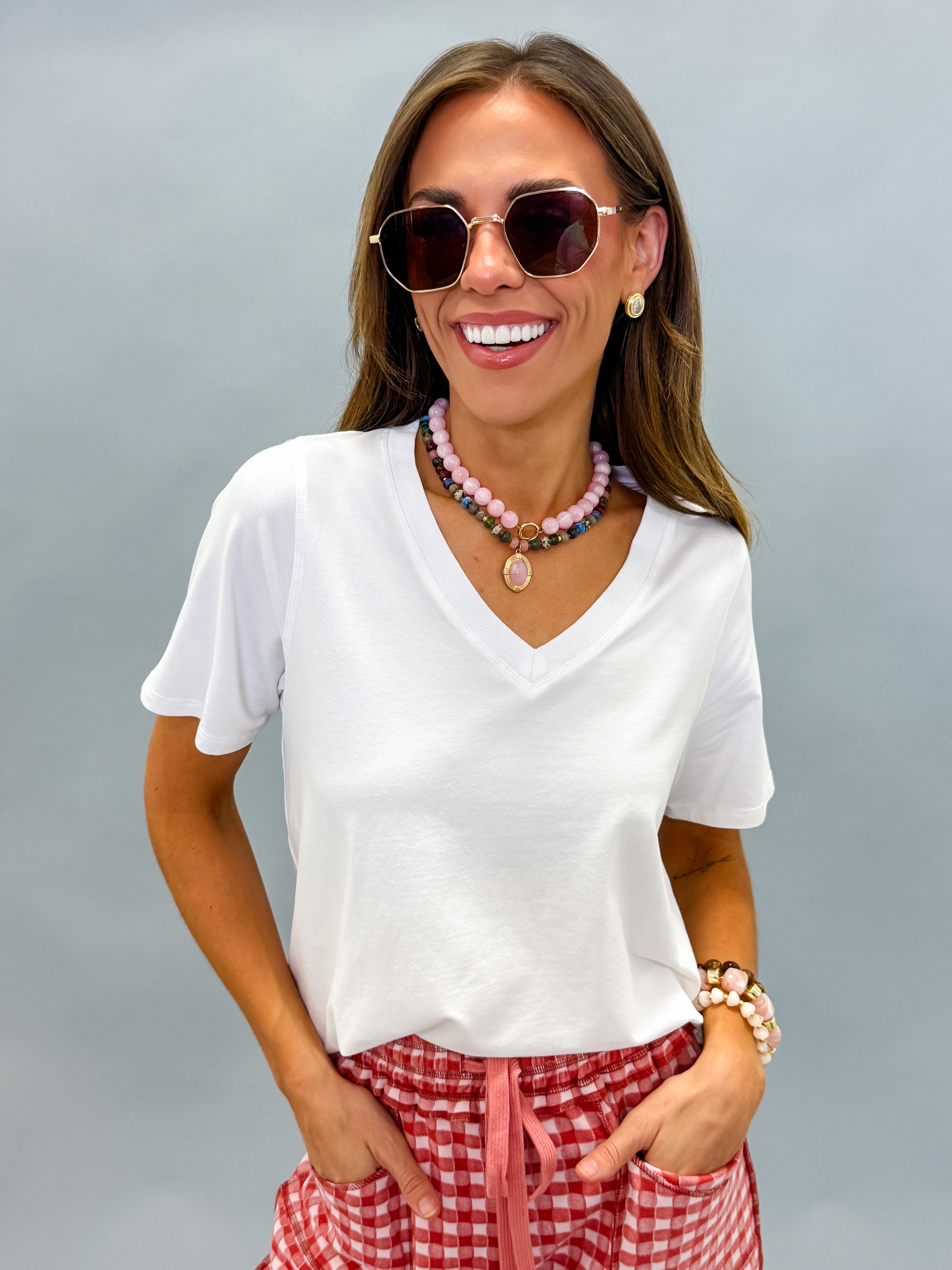 Renee Cotton Blend V-neck Tee-White