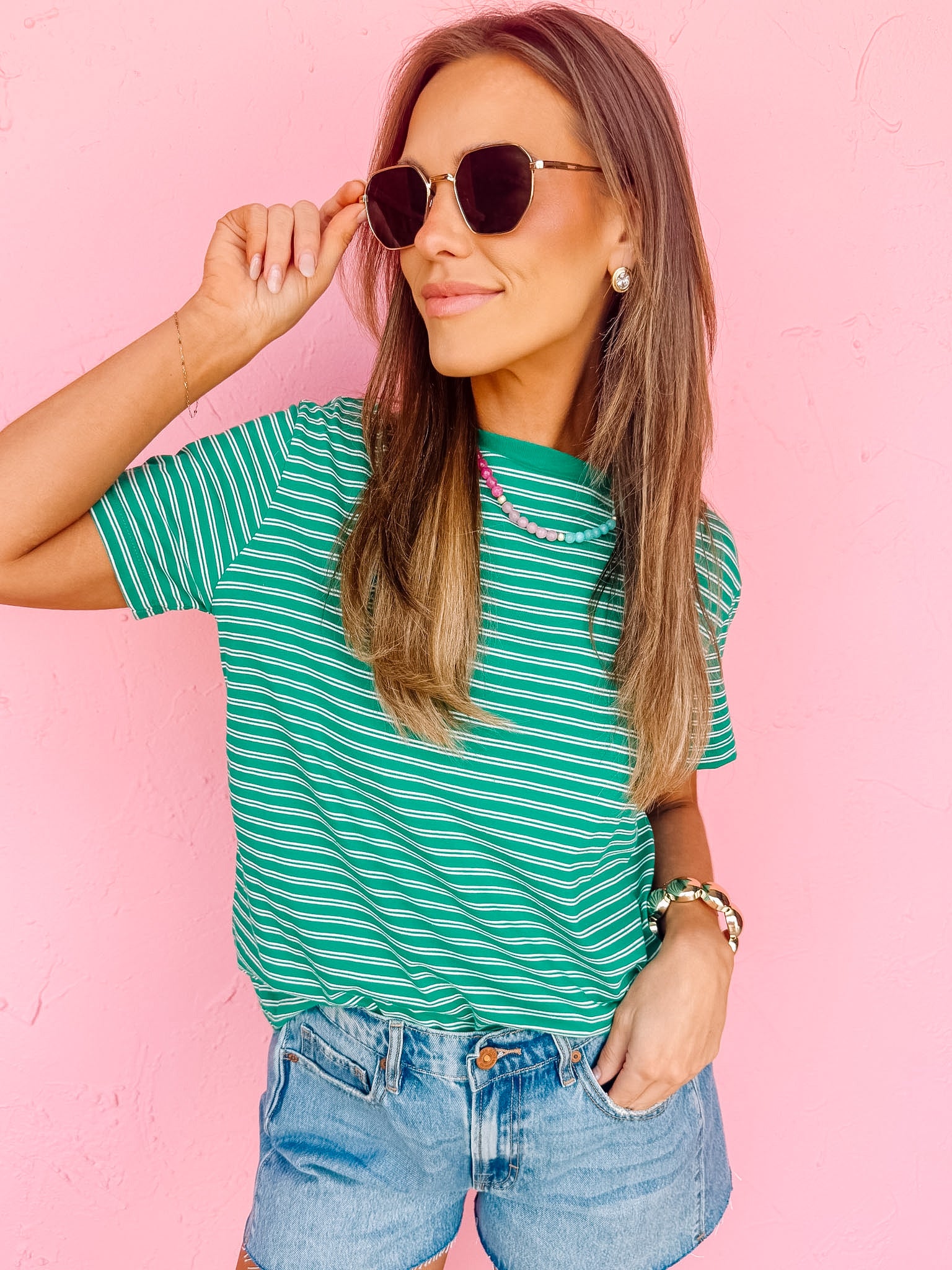 Roe Striped Short Sleeve Top-Green