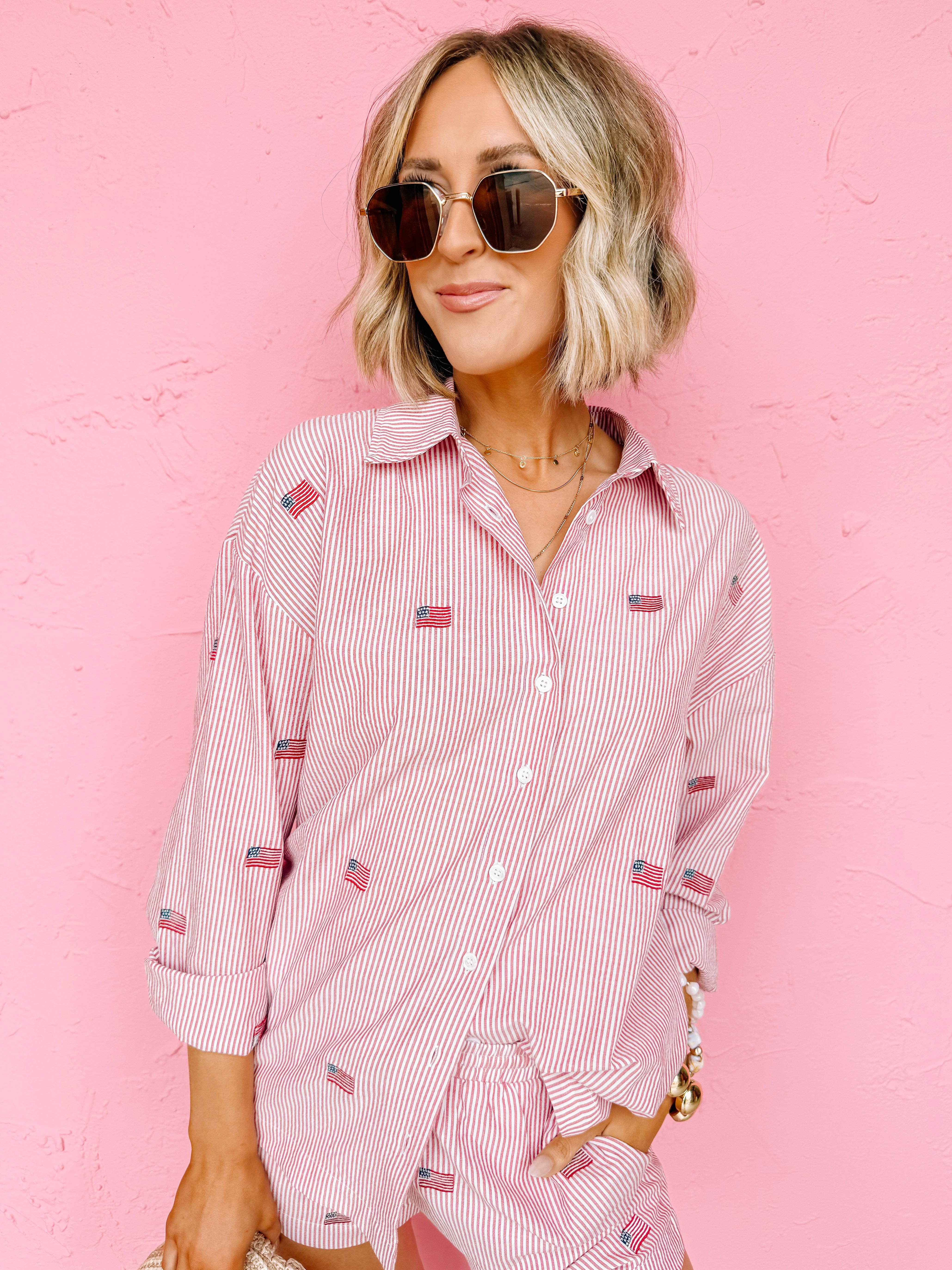 Rosemary Striped Flag Button Down Top