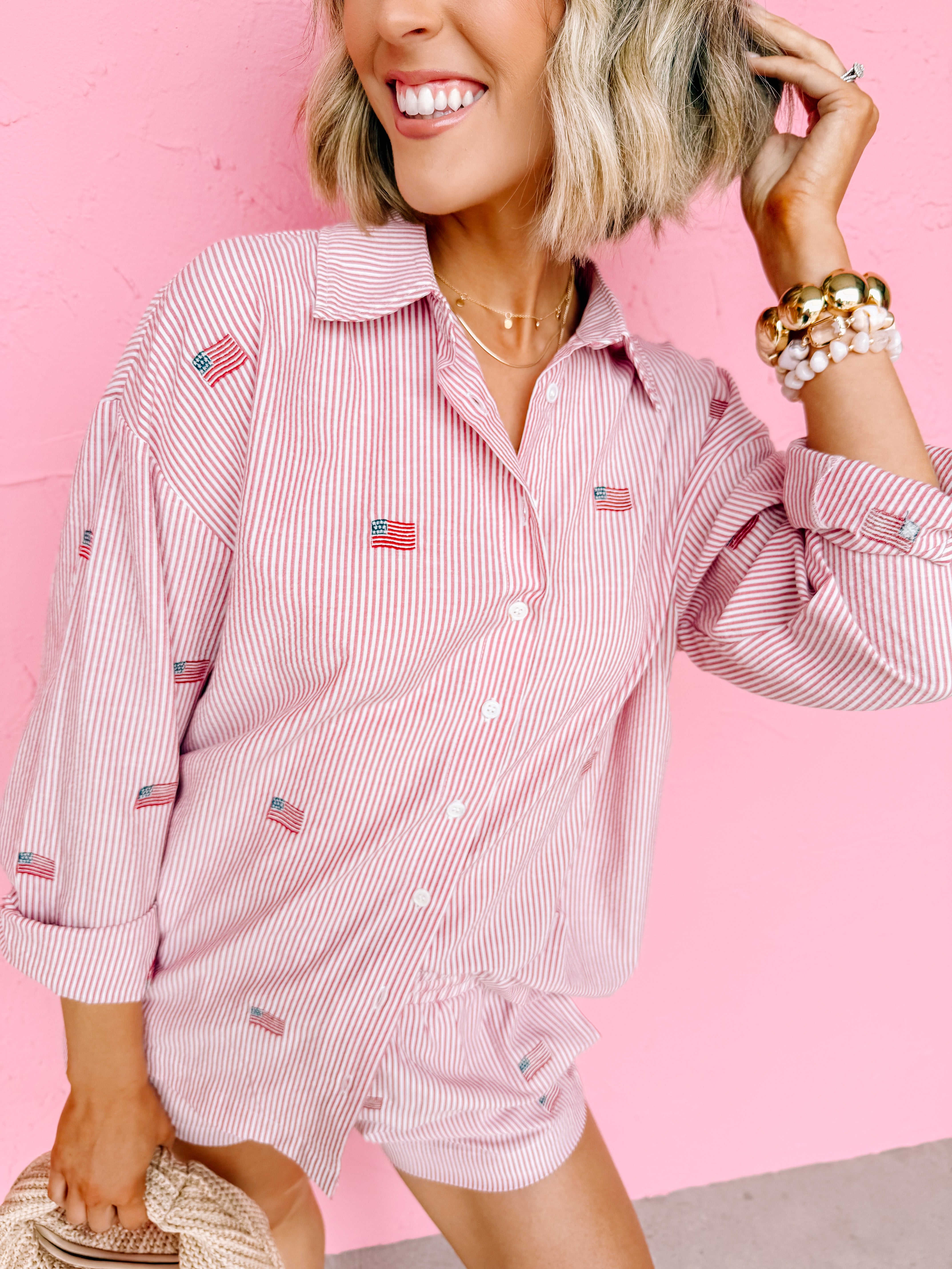 Rosemary Striped Flag Button Down Top