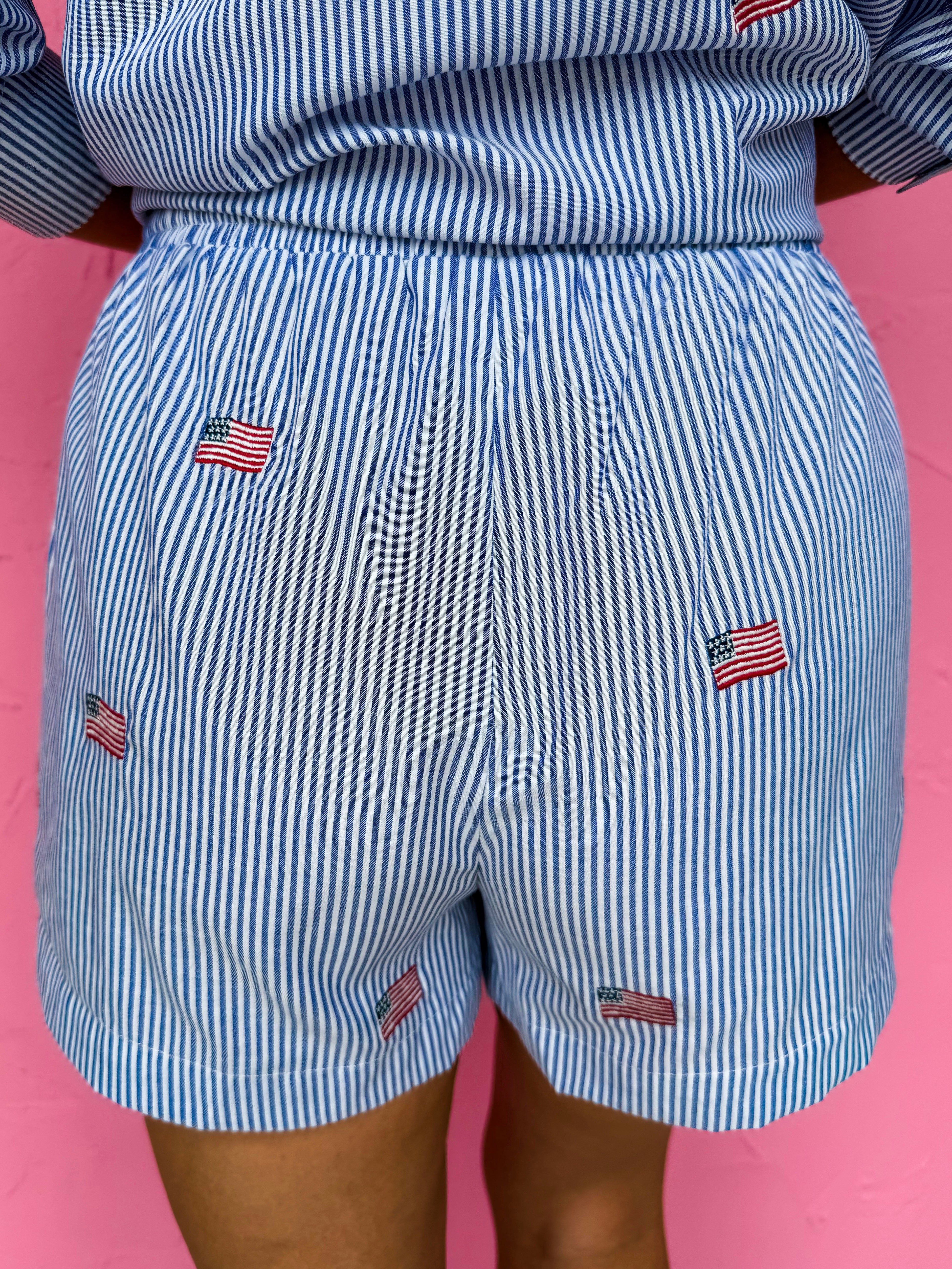 Rosemary Striped Flag Embroidered Shorts-Navy