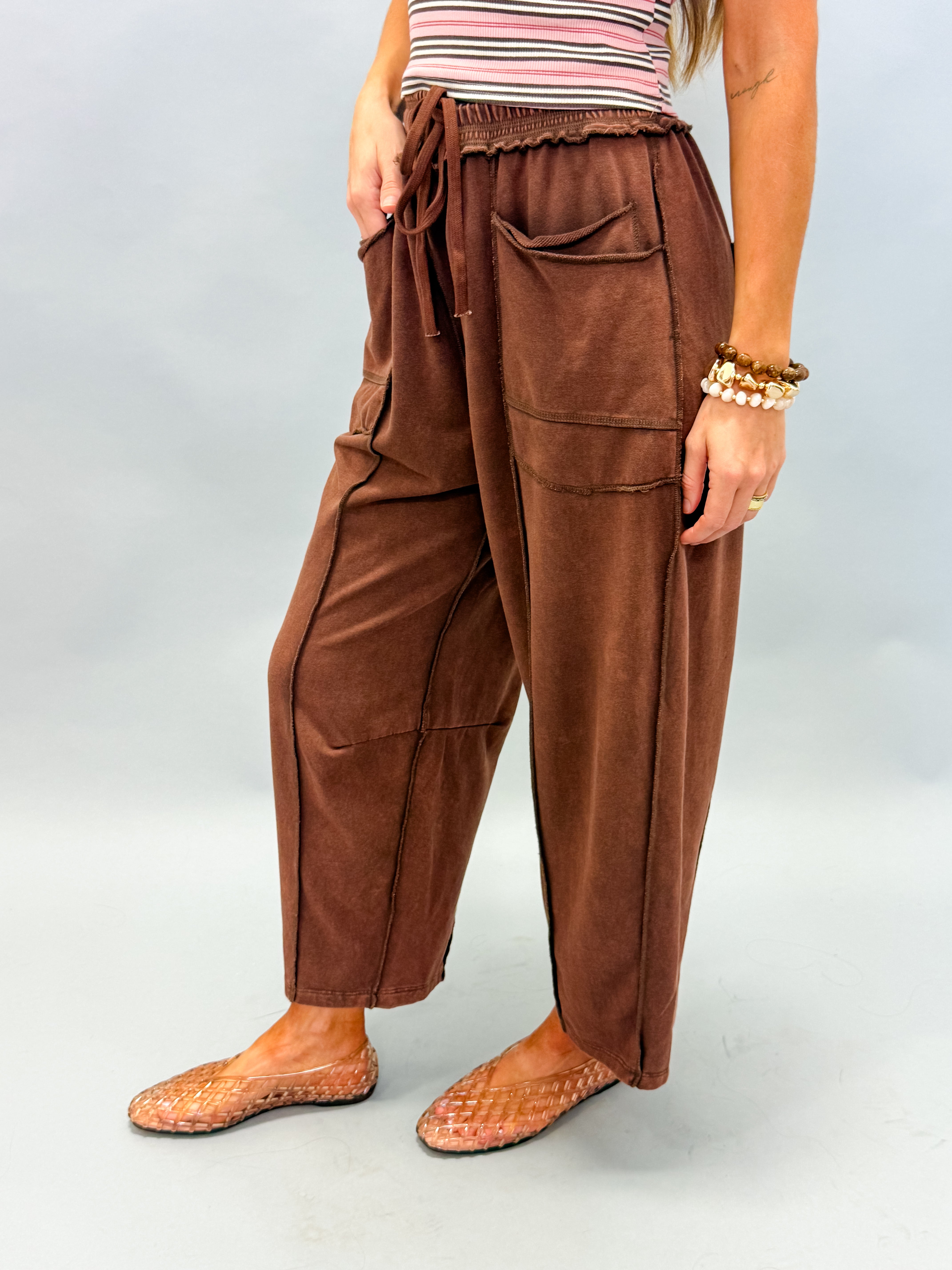 Shiloh Mineral Wash Barrel Wide Leg Pants-Chocolate