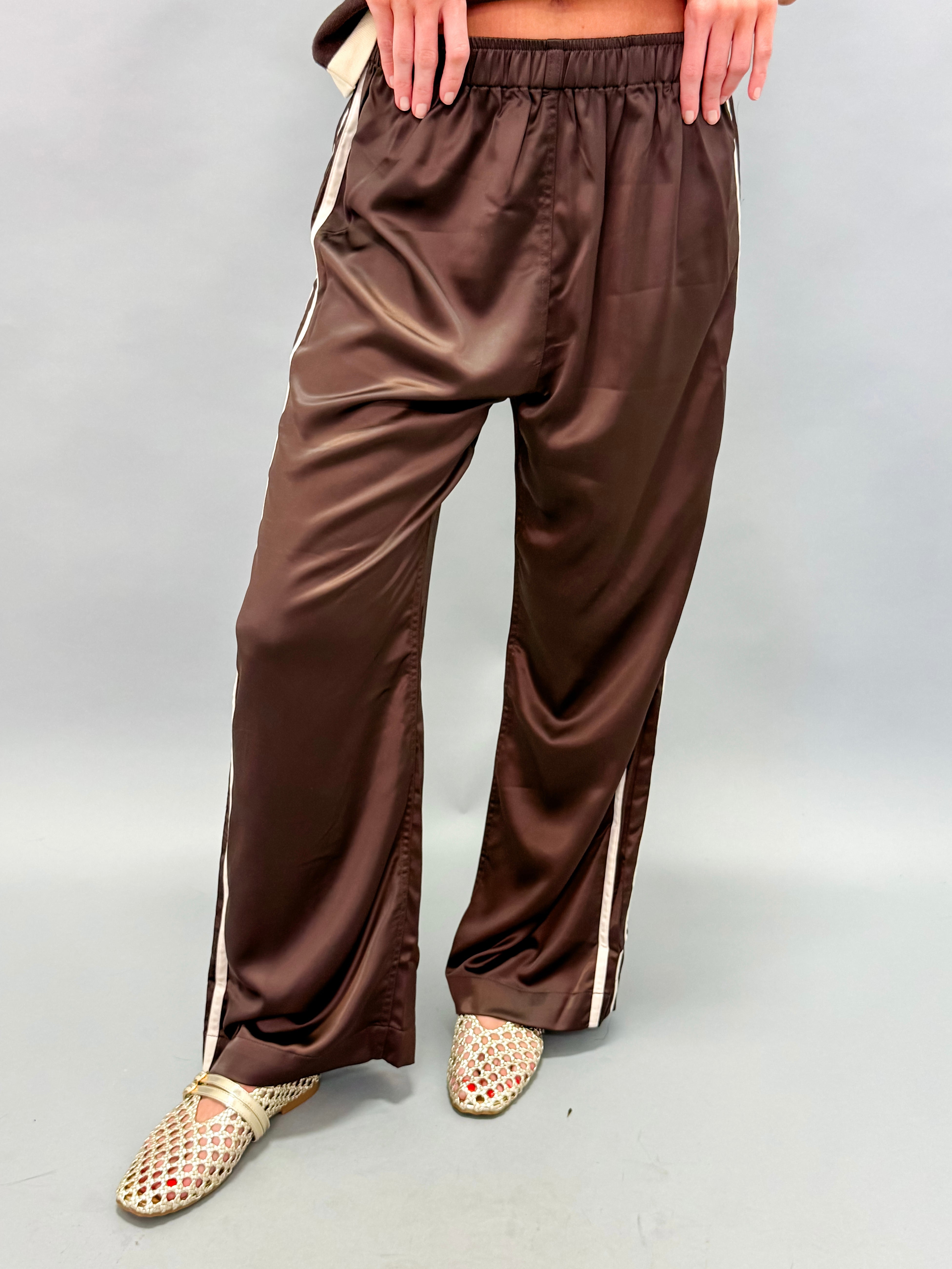 Sofia Side Stripe Satin Pants-Brown