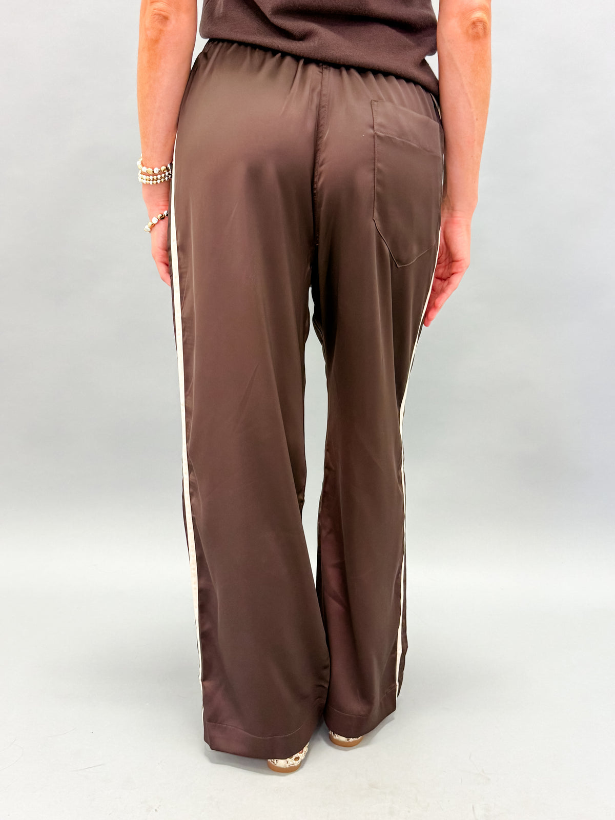 Sofia Side Stripe Satin Pants-Brown