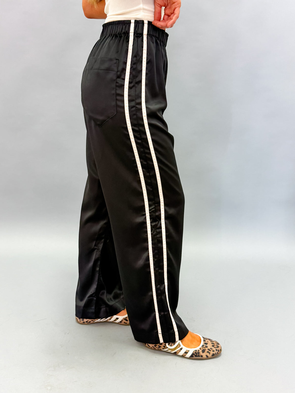 Sofia Side Stripe Satin Pants-Black