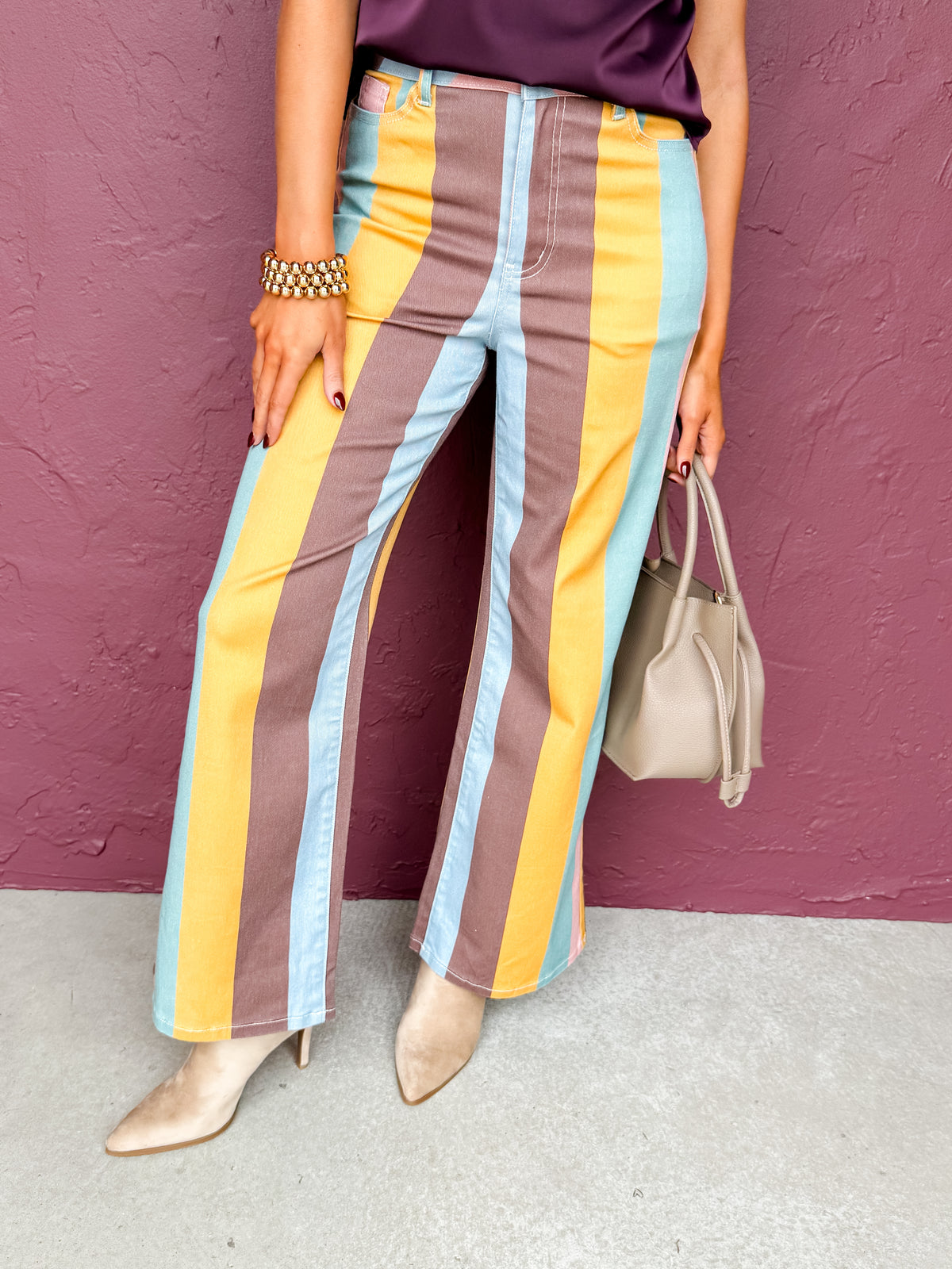 Sonny Multi Color Stipe Wide Leg Jeans-Vintage Rose