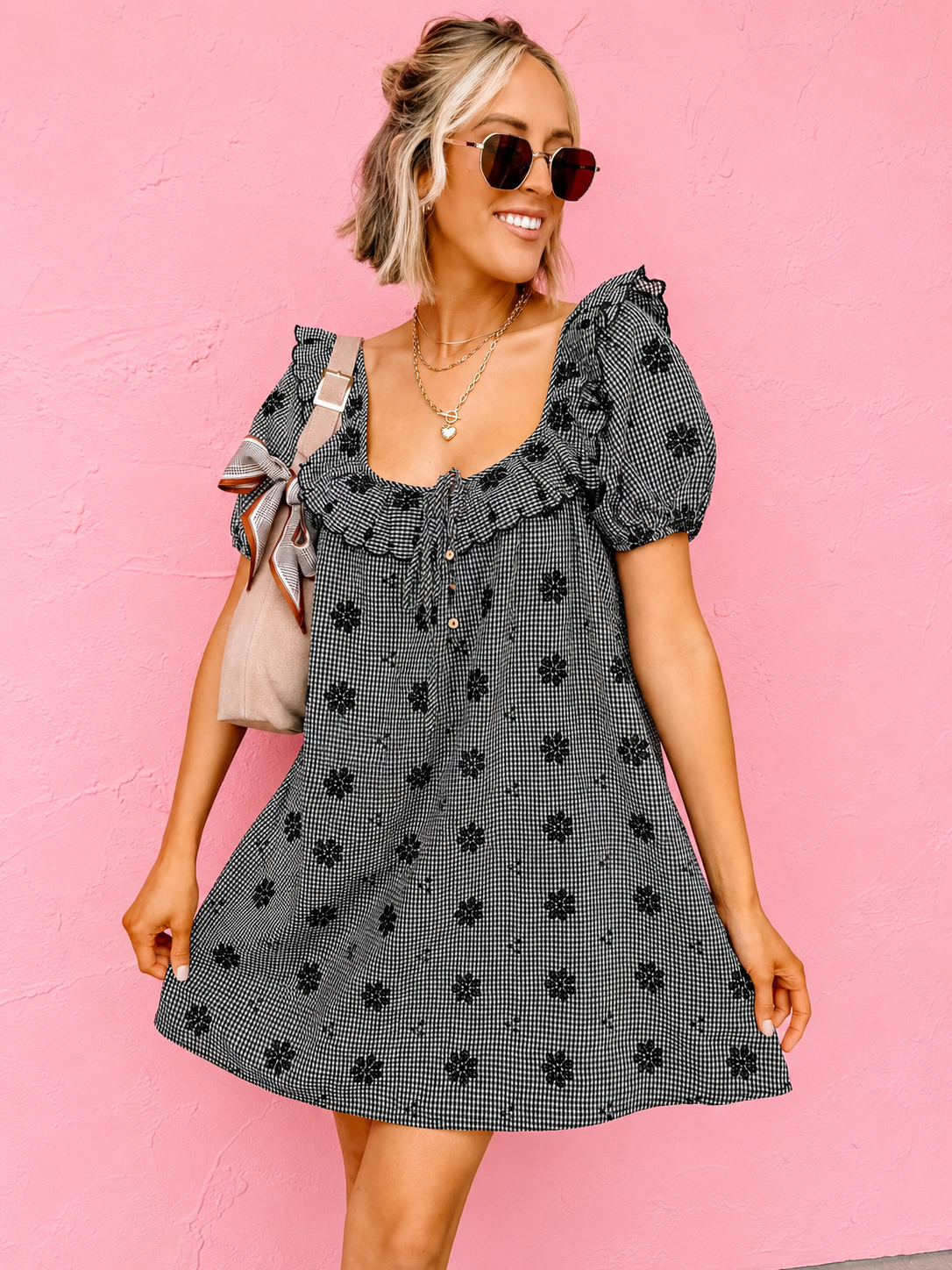 Spencer Floral Embroidery Mini Dress-Black