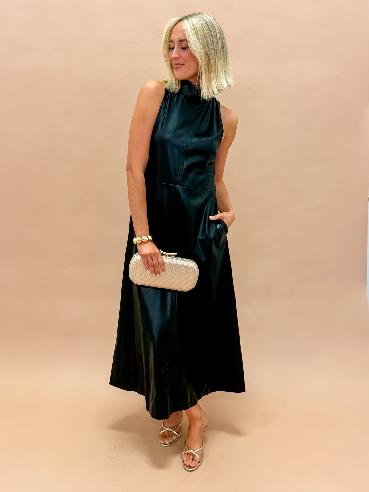 Sterling Faux Leather Sleeveless Midi Dress