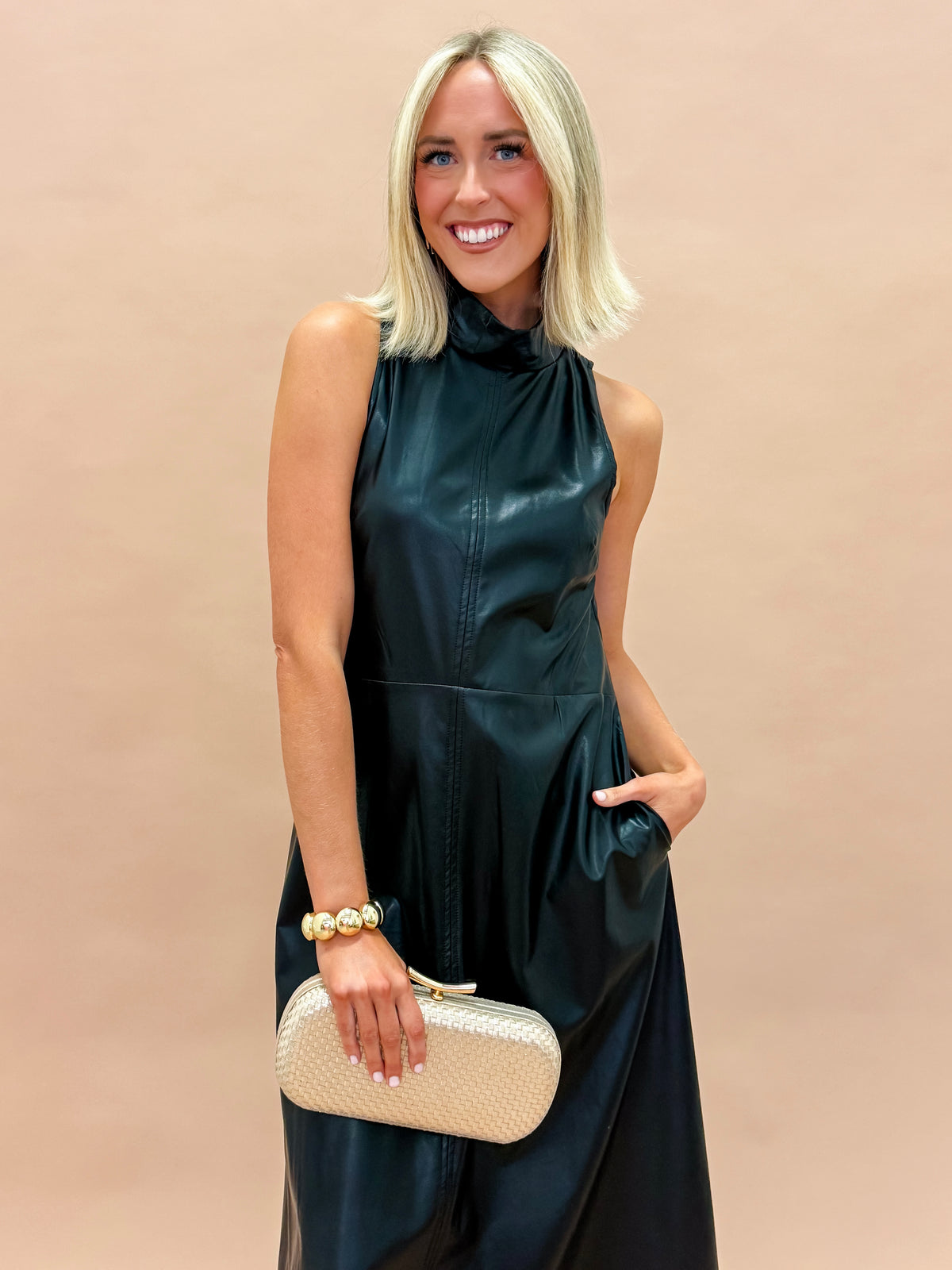 Sterling Faux Leather Sleeveless Midi Dress