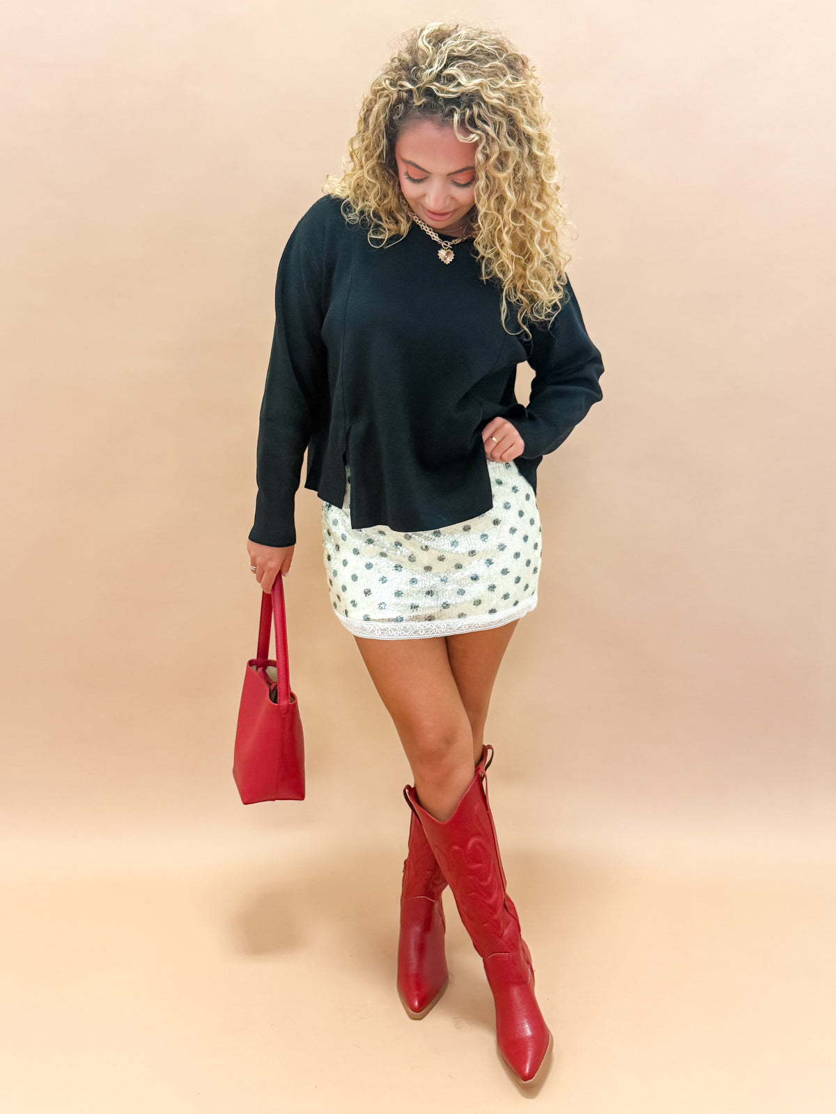 Sullivan Sequin Lace Trim Mini Skirt-Polka Dot