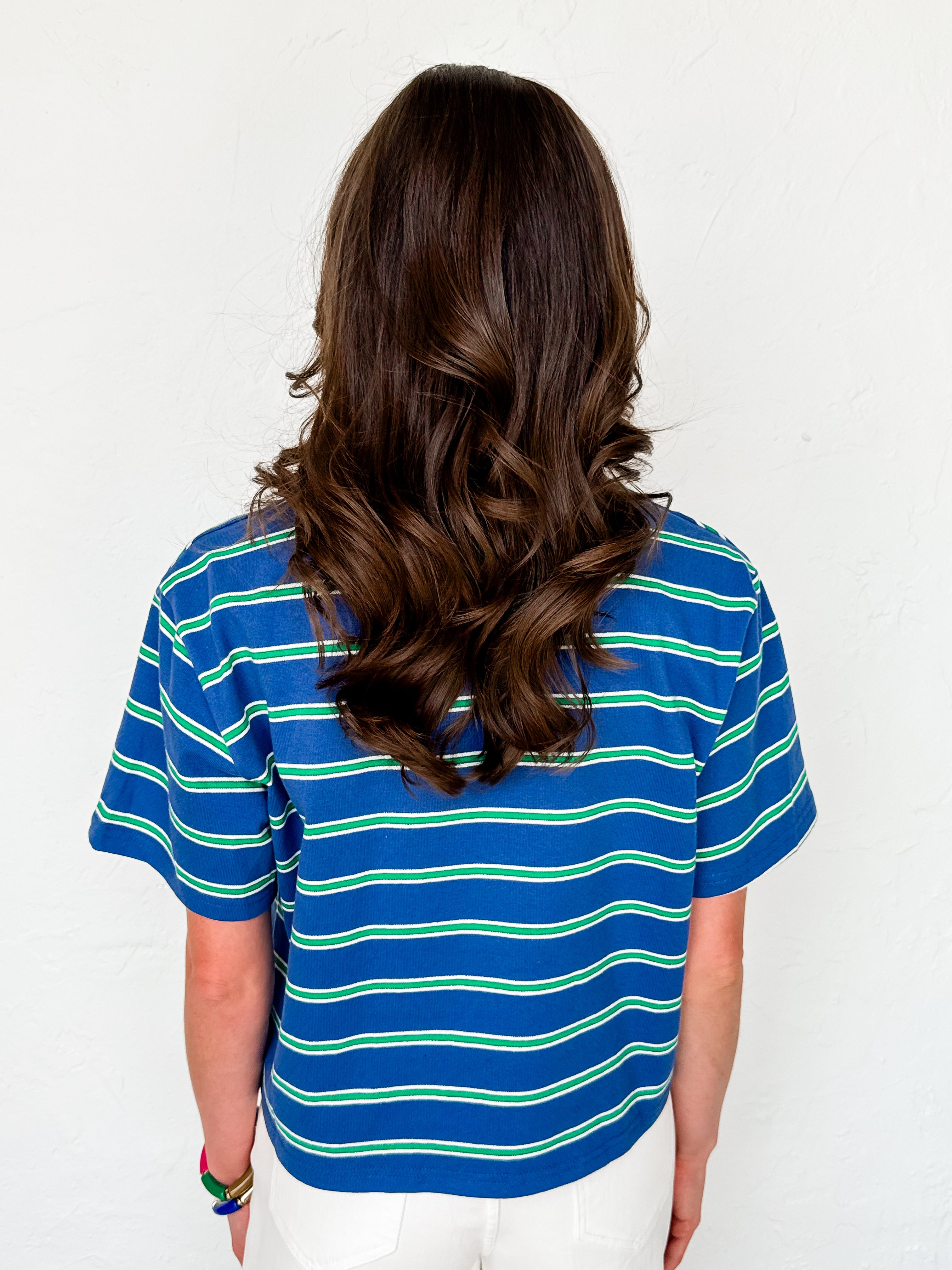 Summer Striped Boxy Cropped Tee-Blue