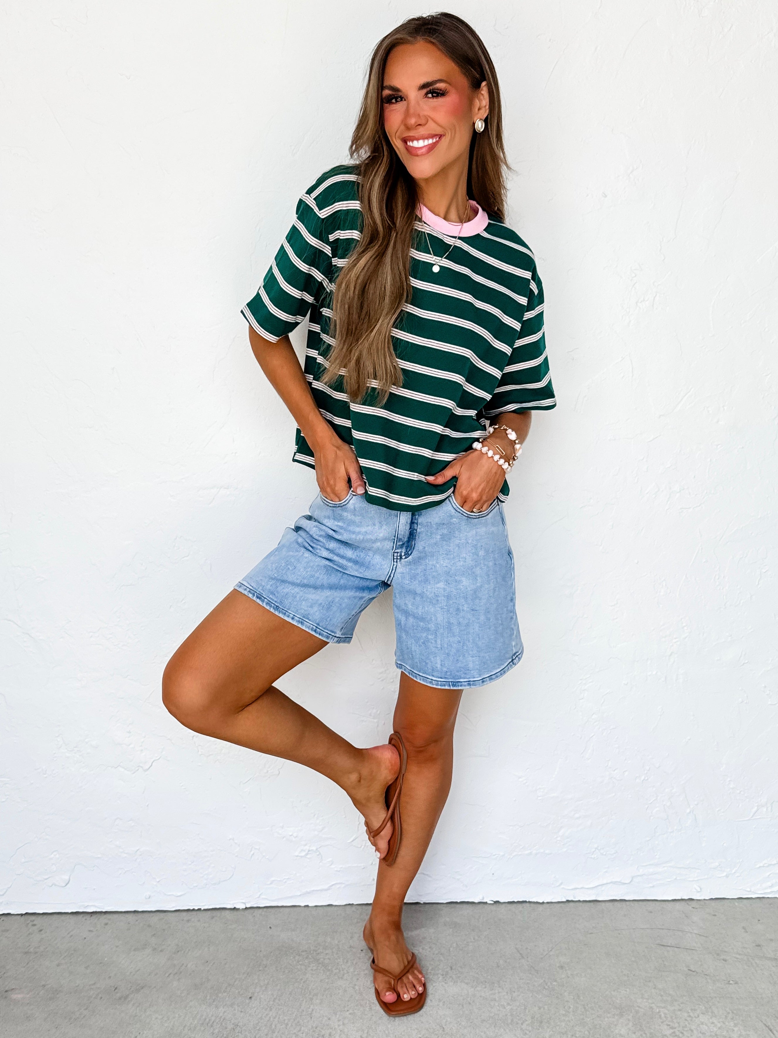 Summer Striped Boxy Cropped Tee-Green