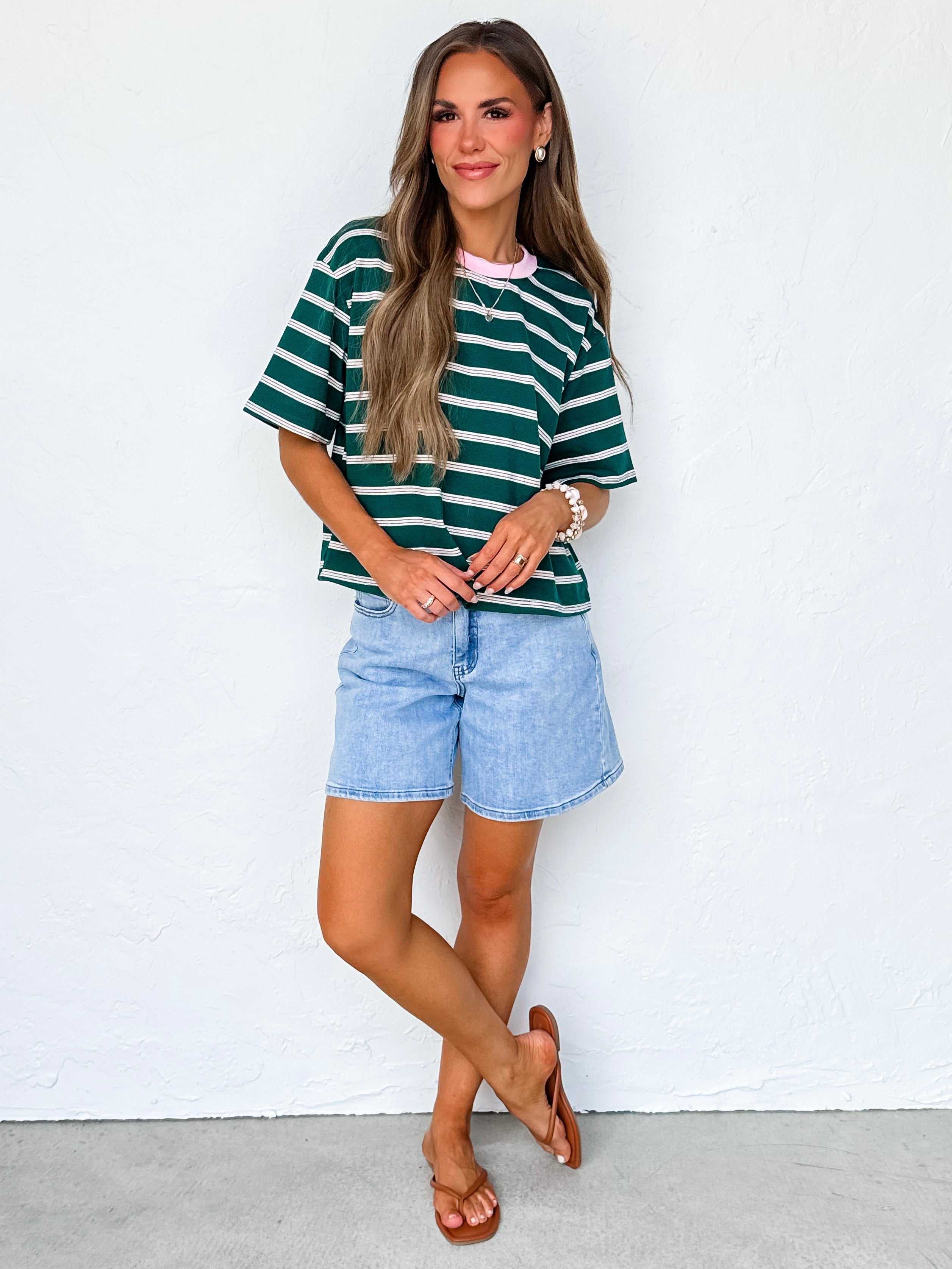 Summer Striped Boxy Cropped Tee-Green