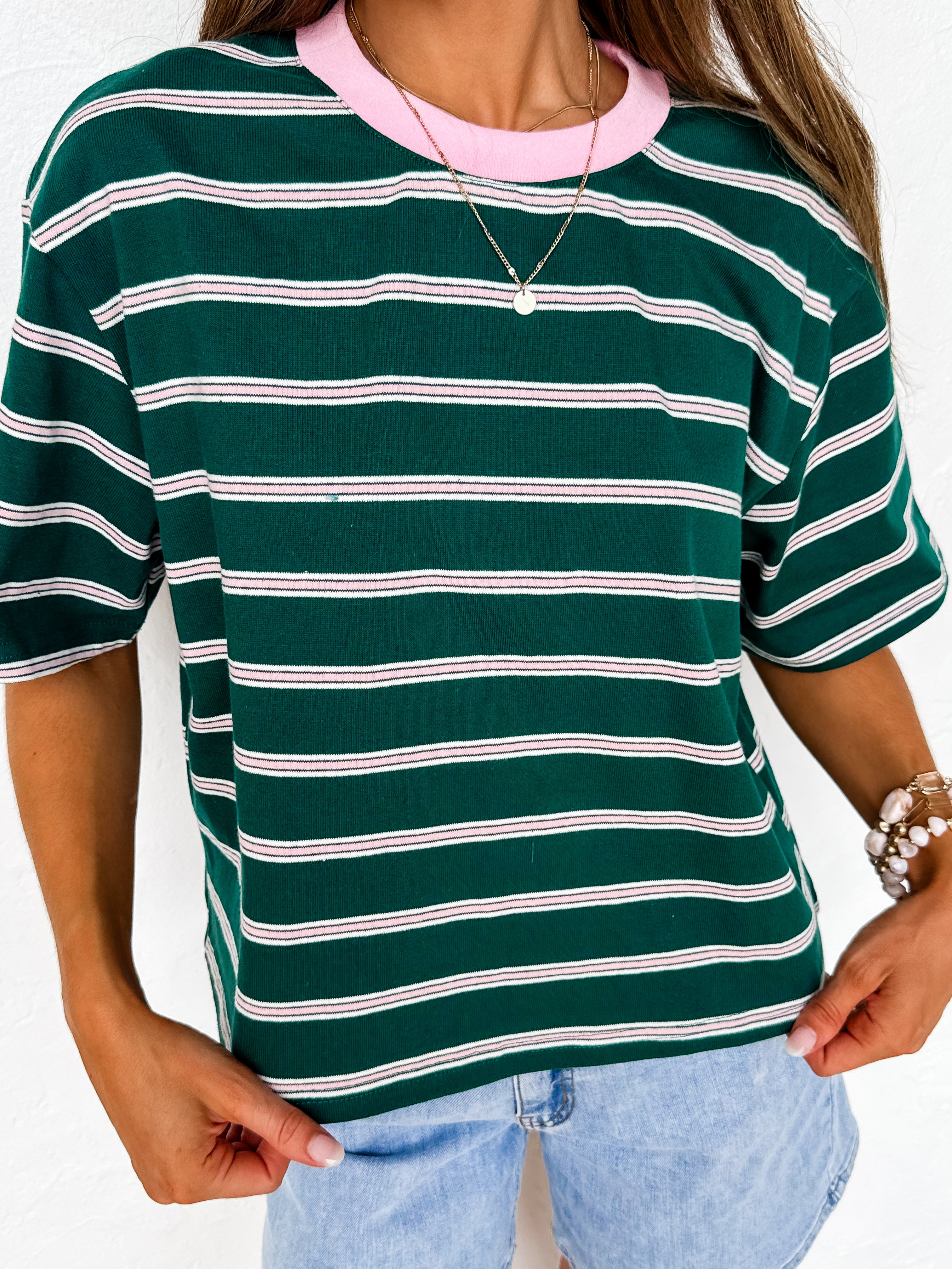 Summer Striped Boxy Cropped Tee-Green