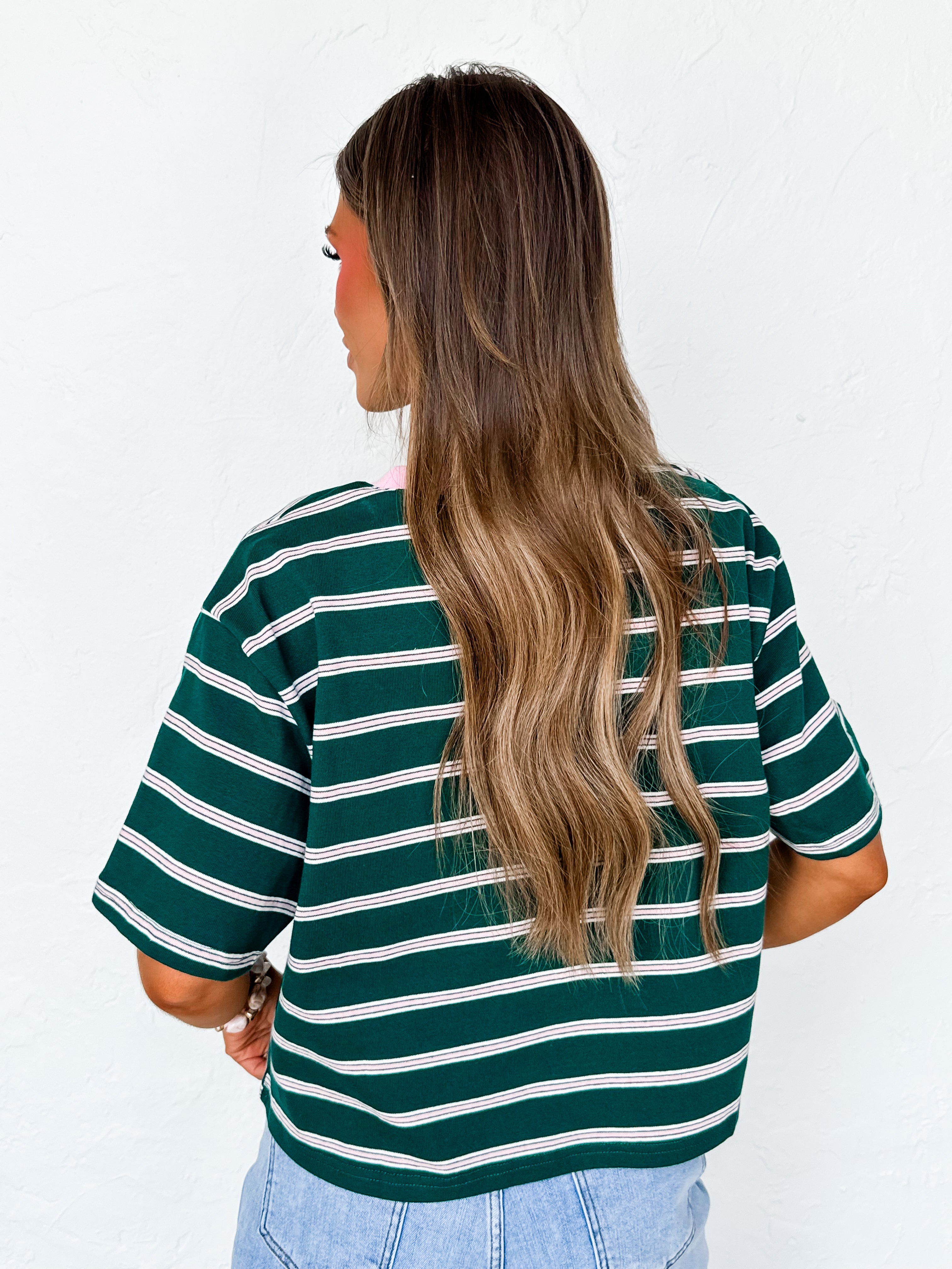 Summer Striped Boxy Cropped Tee-Green