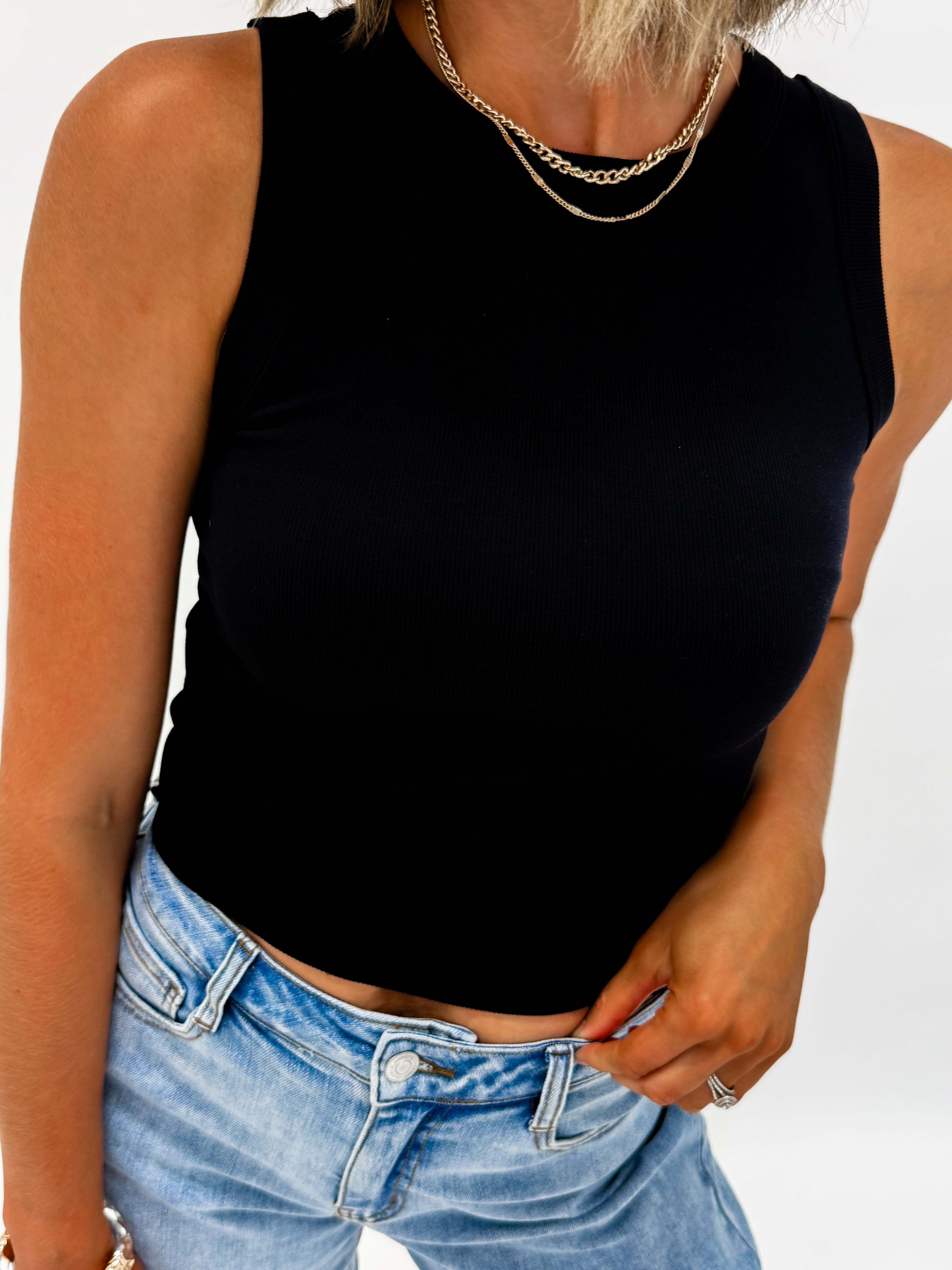 Tami Solid Ribbed Tank Top-Black