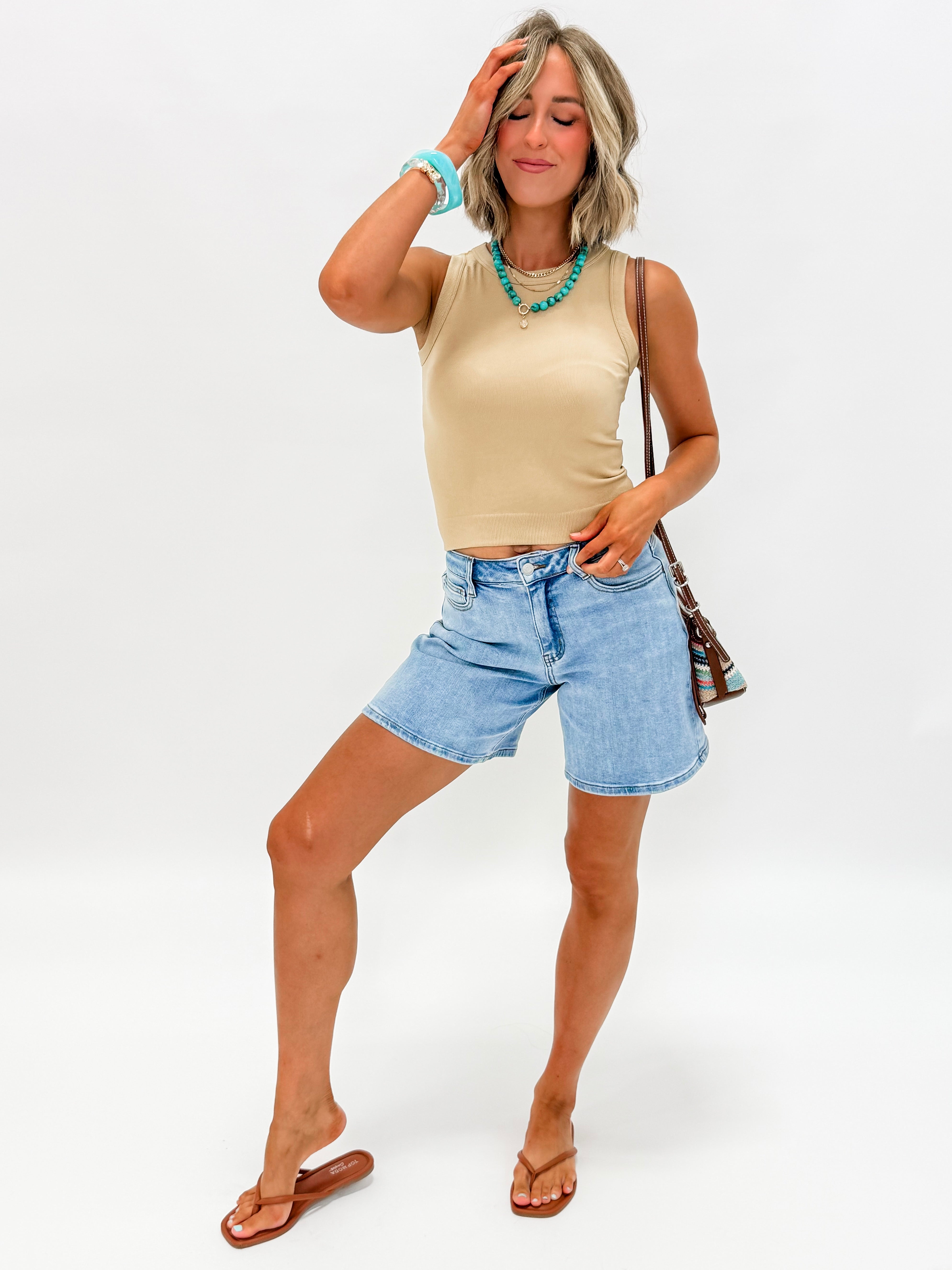 Tami Solid Ribbed Tank Top-Khaki