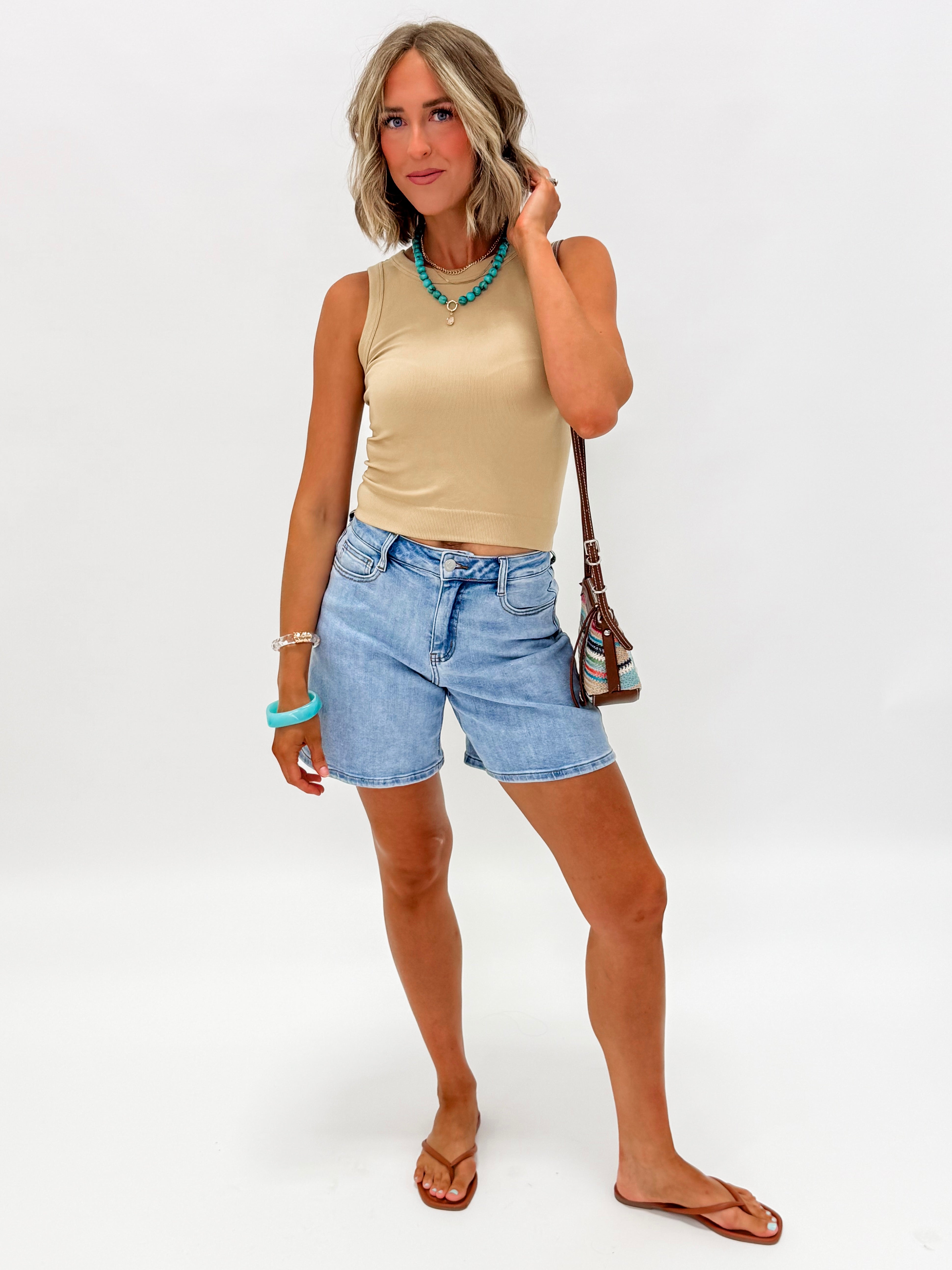 Tami Solid Ribbed Tank Top-Khaki