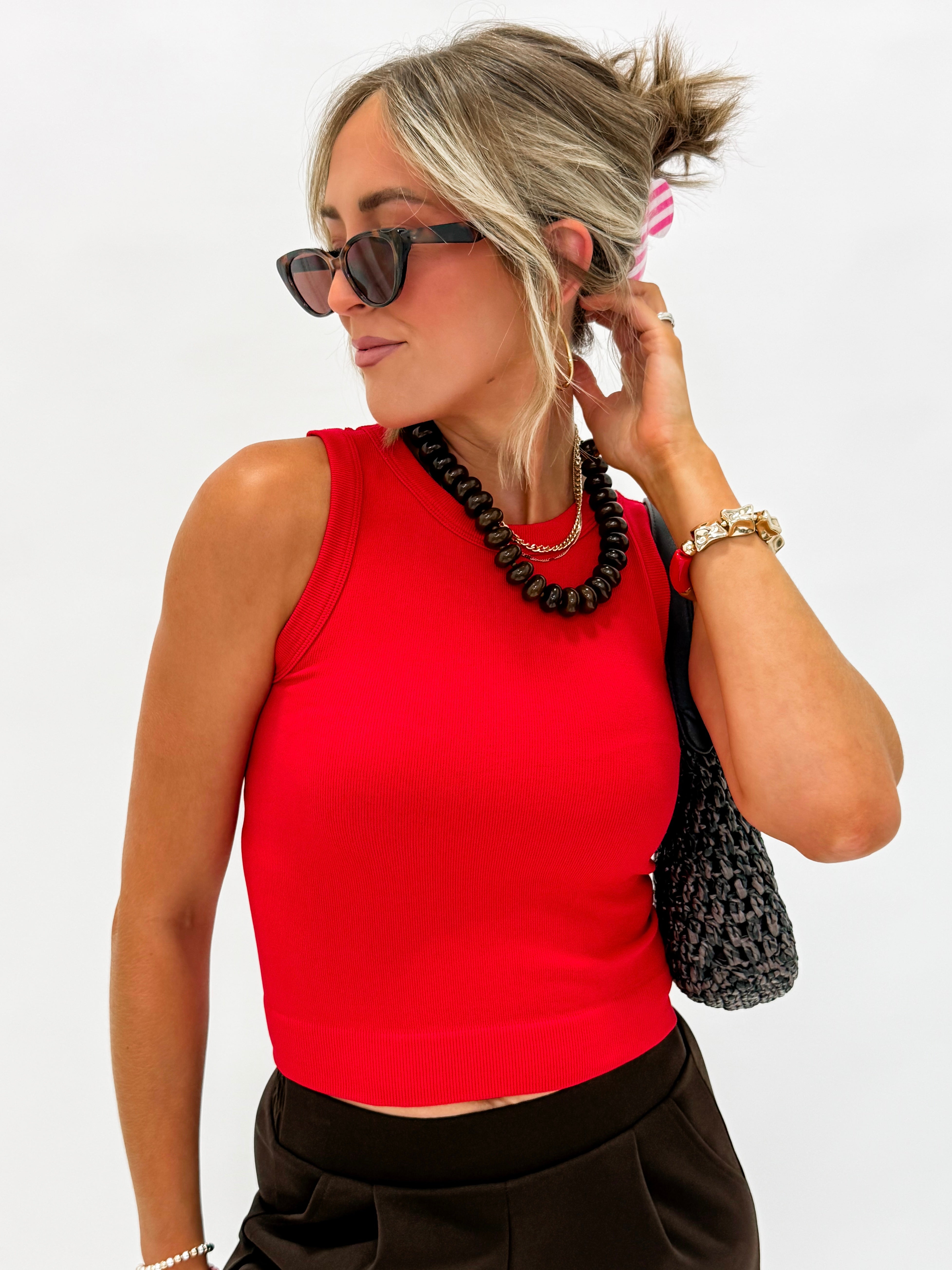 Tami Solid Ribbed Tank Top-Red