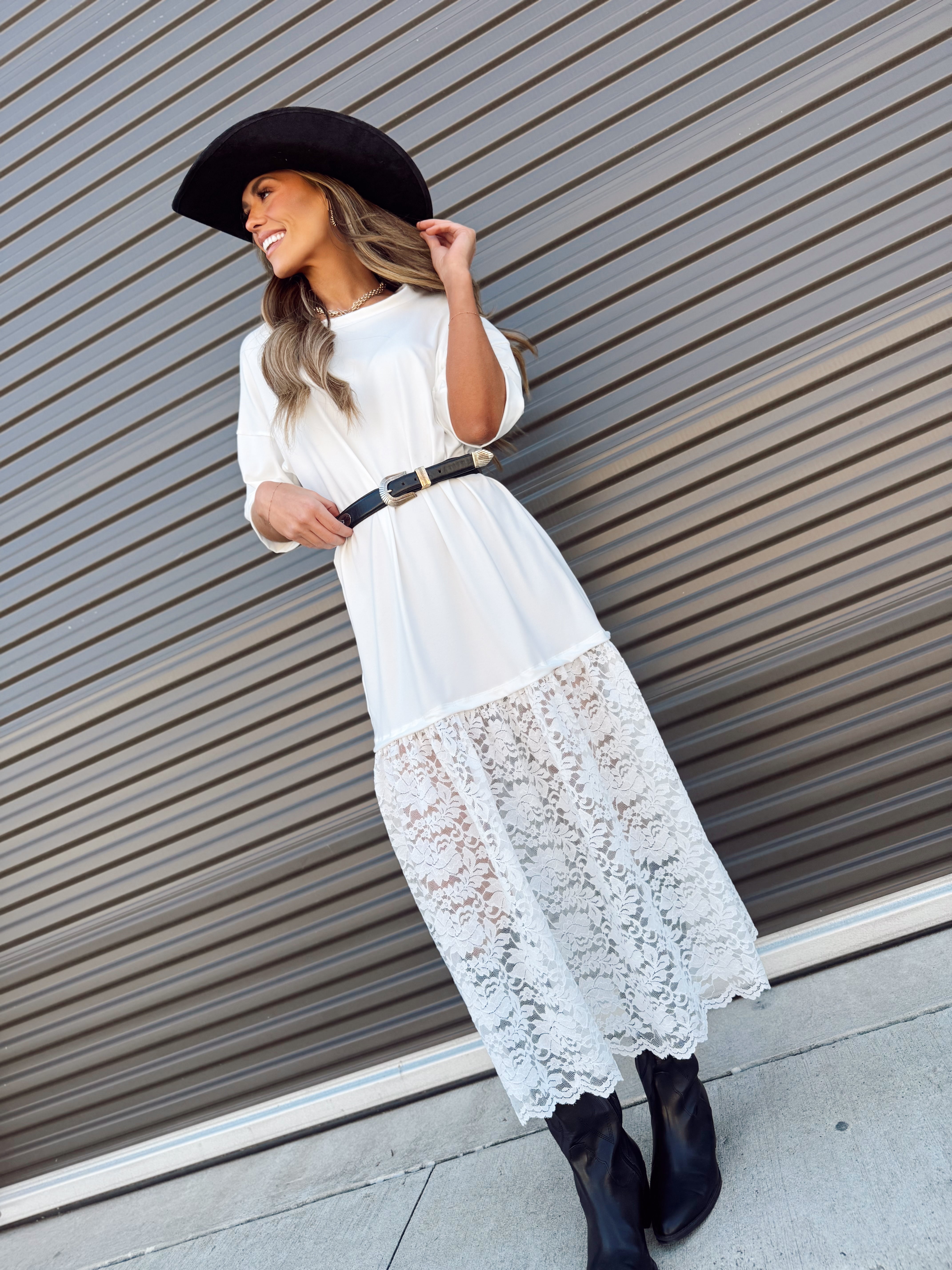 The Carley Off White Dress – Made in USA Jersey T-Shirt Dress with Lace Hem