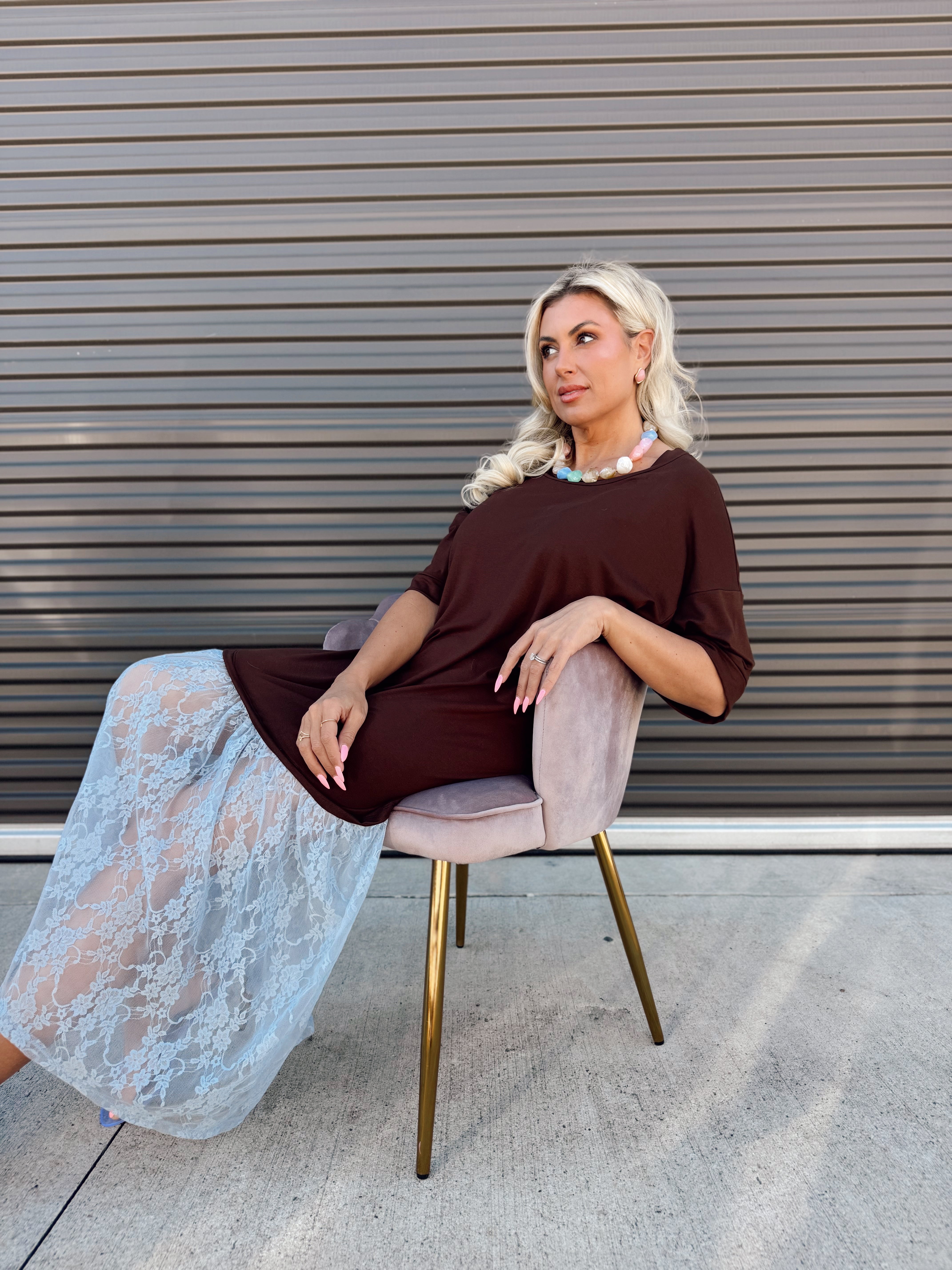 The Carley Two Tone Brown/Blue Dress – Made in USA Jersey T-Shirt Dress with Lace Hem