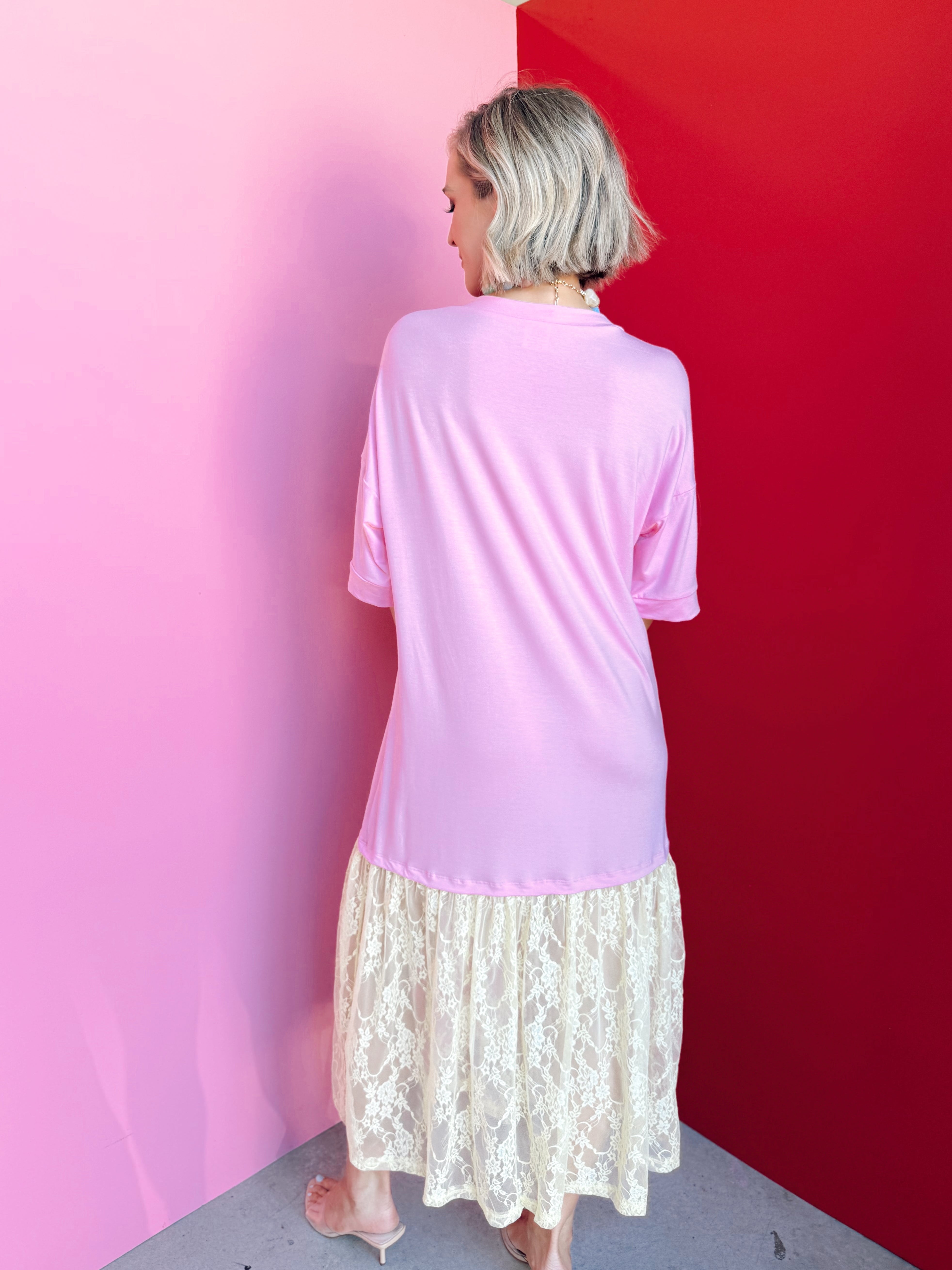 The Carley Two Tone Pink/Yellow Dress – Made in USA Jersey T-Shirt Dress with Lace Hem