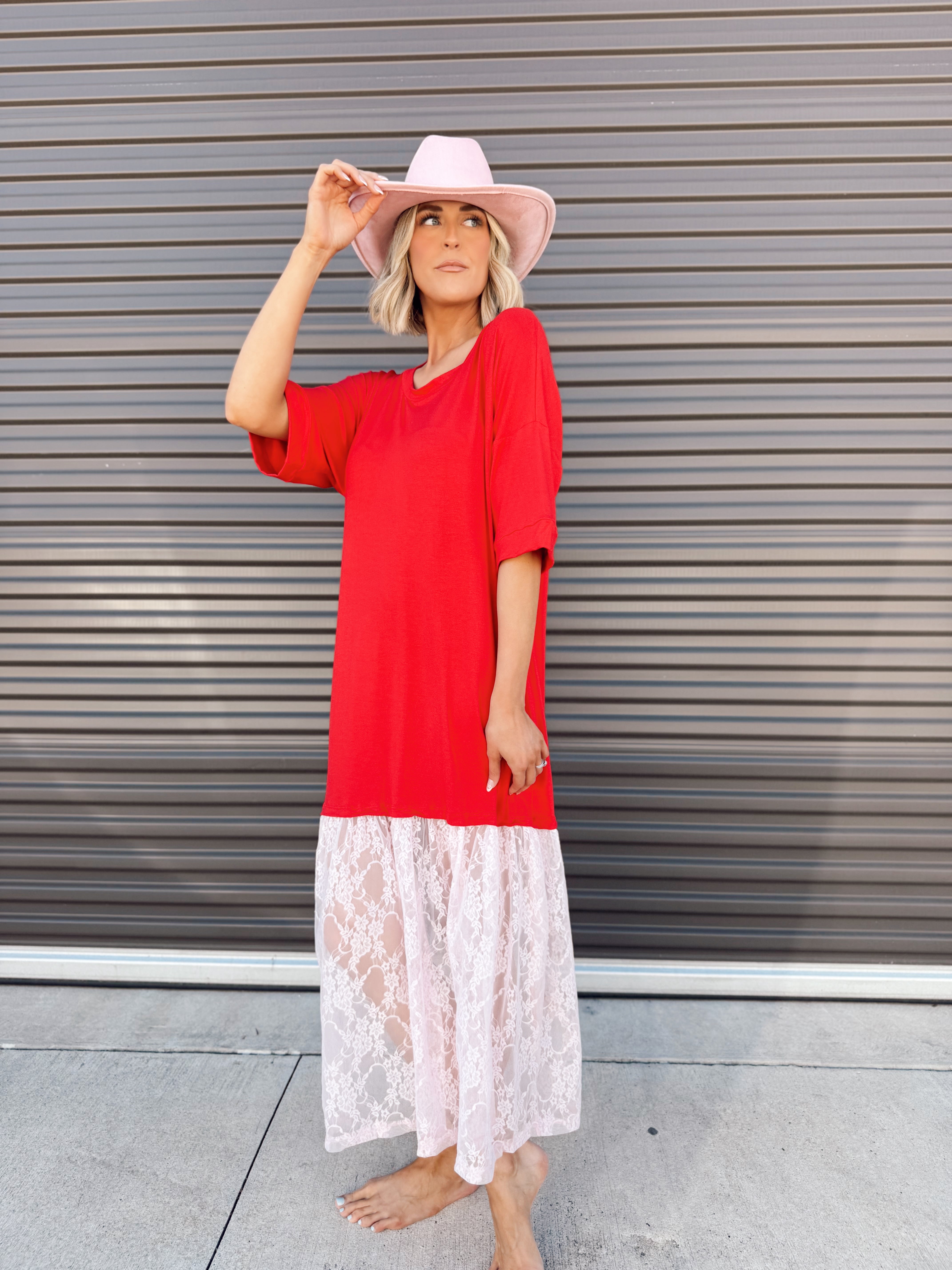 The Carley Two Tone Red/Pink Dress – Made in USA Jersey T-Shirt Dress with Lace Hem