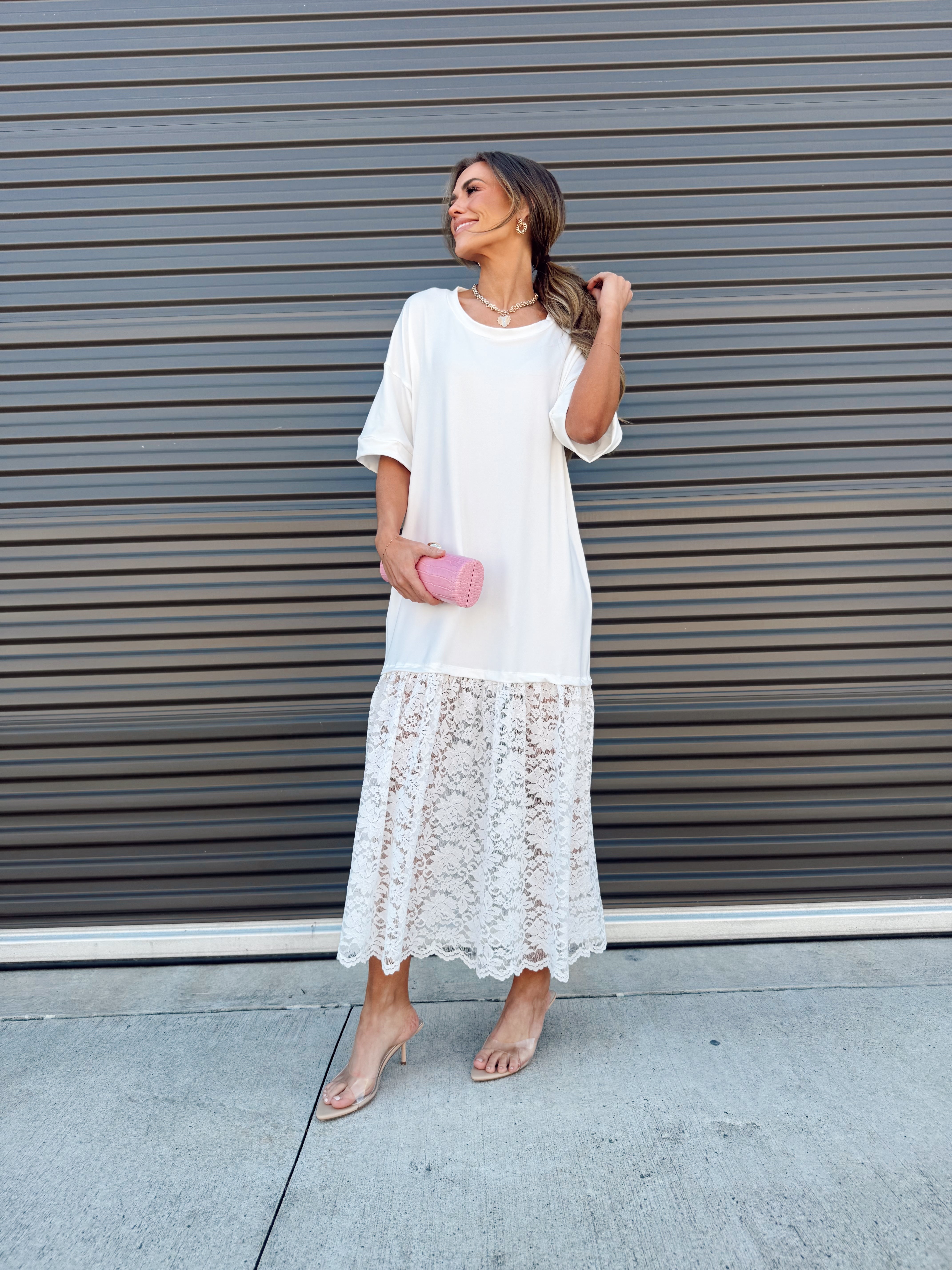 The Carley Off White Dress – Made in USA Jersey T-Shirt Dress with Lace Hem