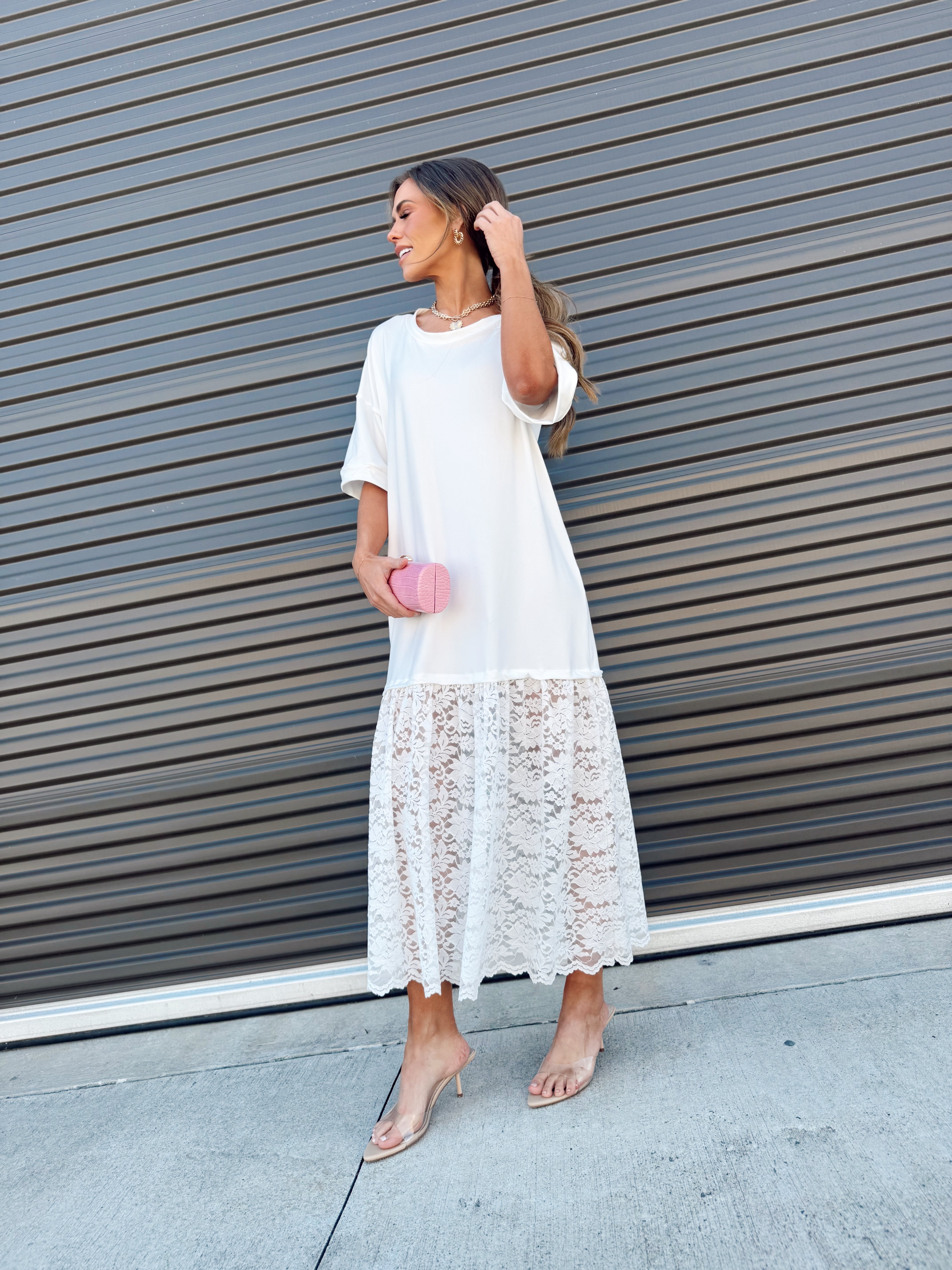 The Carley Off White Dress – Made in USA Jersey T-Shirt Dress with Lace Hem