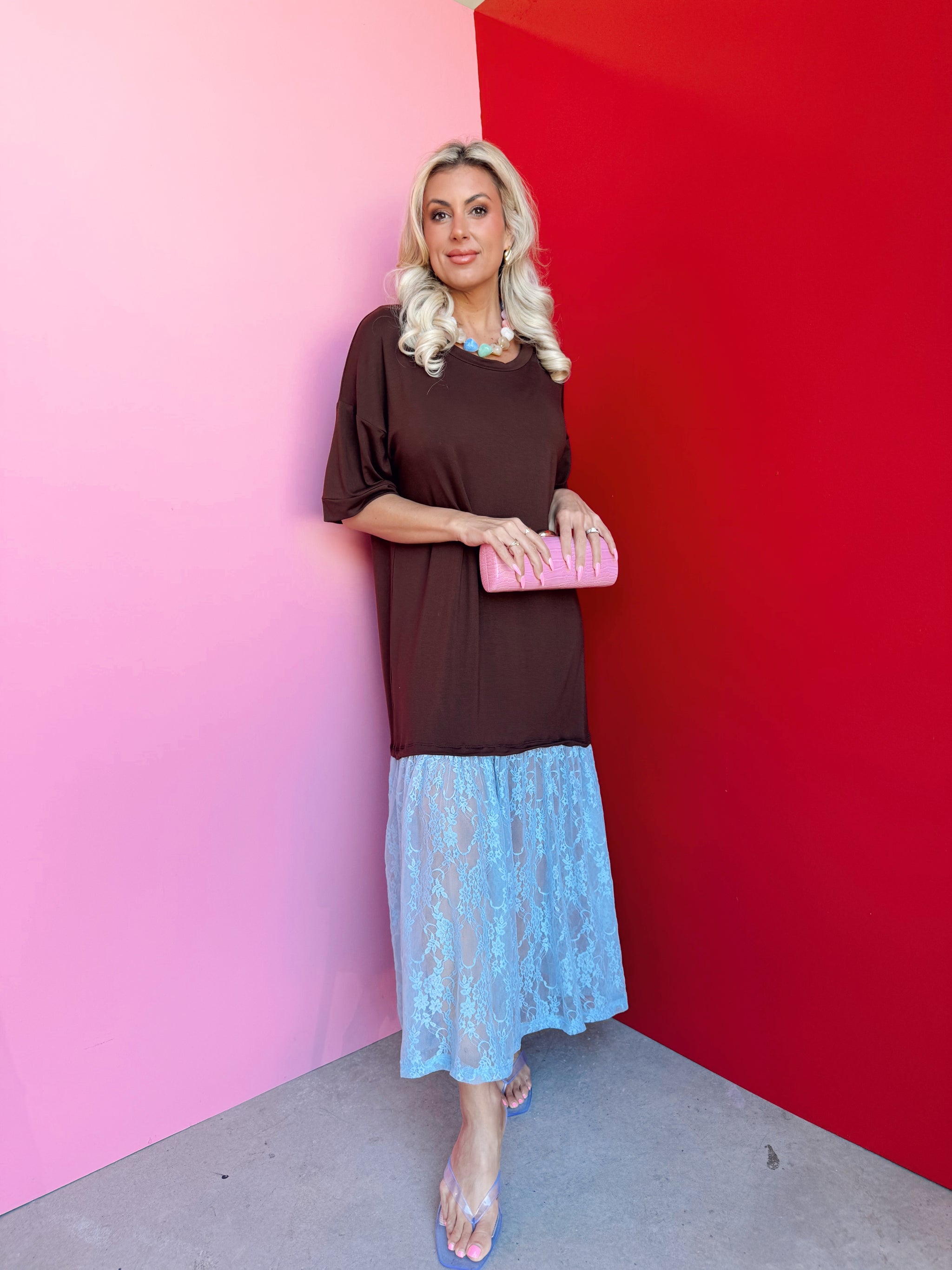 The Carley Two Tone Brown/Blue Dress – Made in USA Jersey T-Shirt Dress with Lace Hem S/M The Carley Two Tone Brown/Blue Dress – Made in USA Jersey T-Shirt Dress with Lace Hem S/M