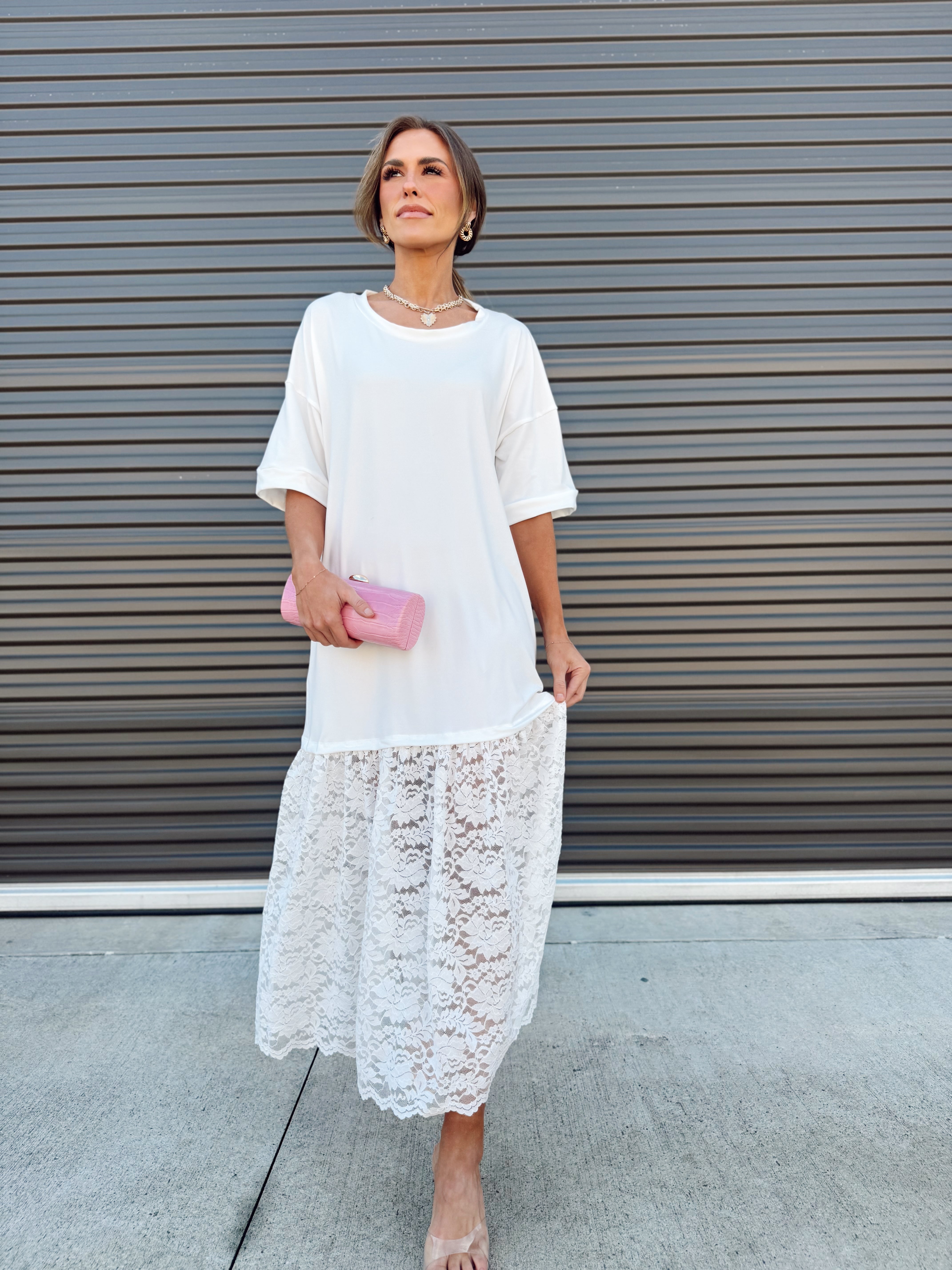 The Carley Off White Dress – Made in USA Jersey T-Shirt Dress with Lace Hem