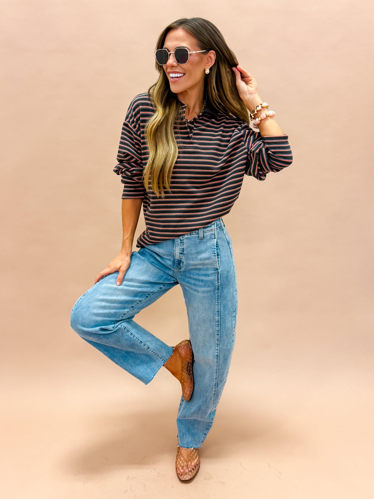 Thea Striped Button Front Collared Top-Charcoal