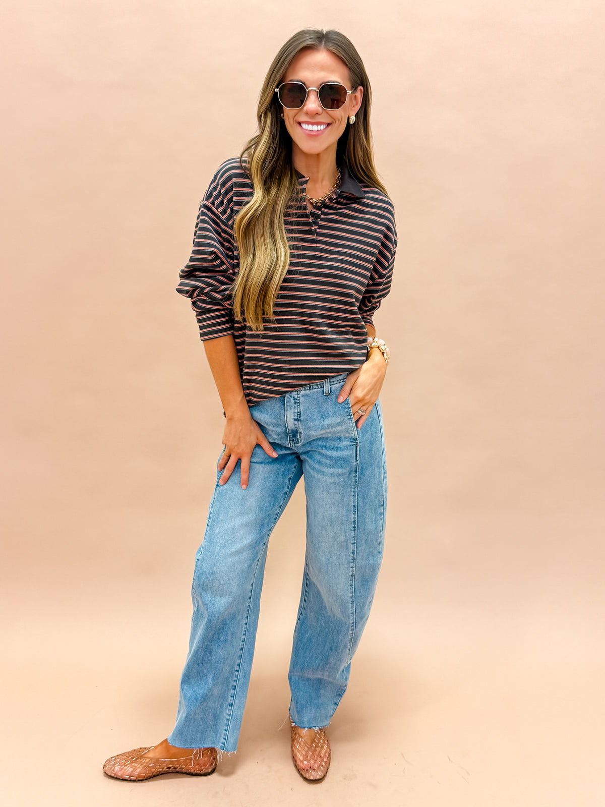 Thea Striped Button Front Collared Top-Charcoal