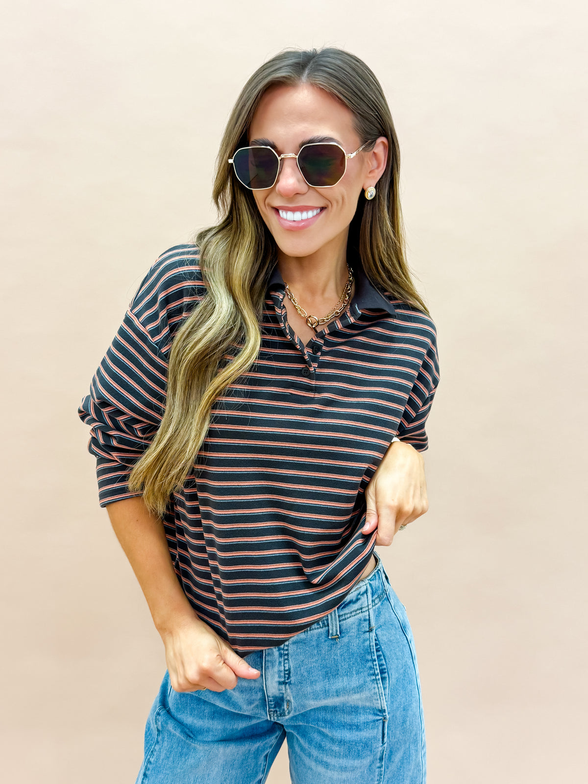 Thea Striped Button Front Collared Top-Charcoal