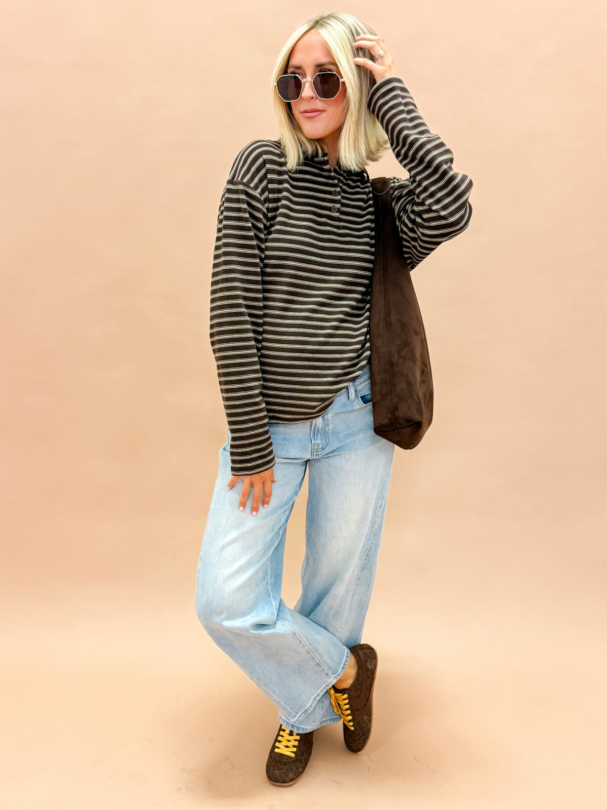 Thea Striped Button Front Collared Top-Chocolate