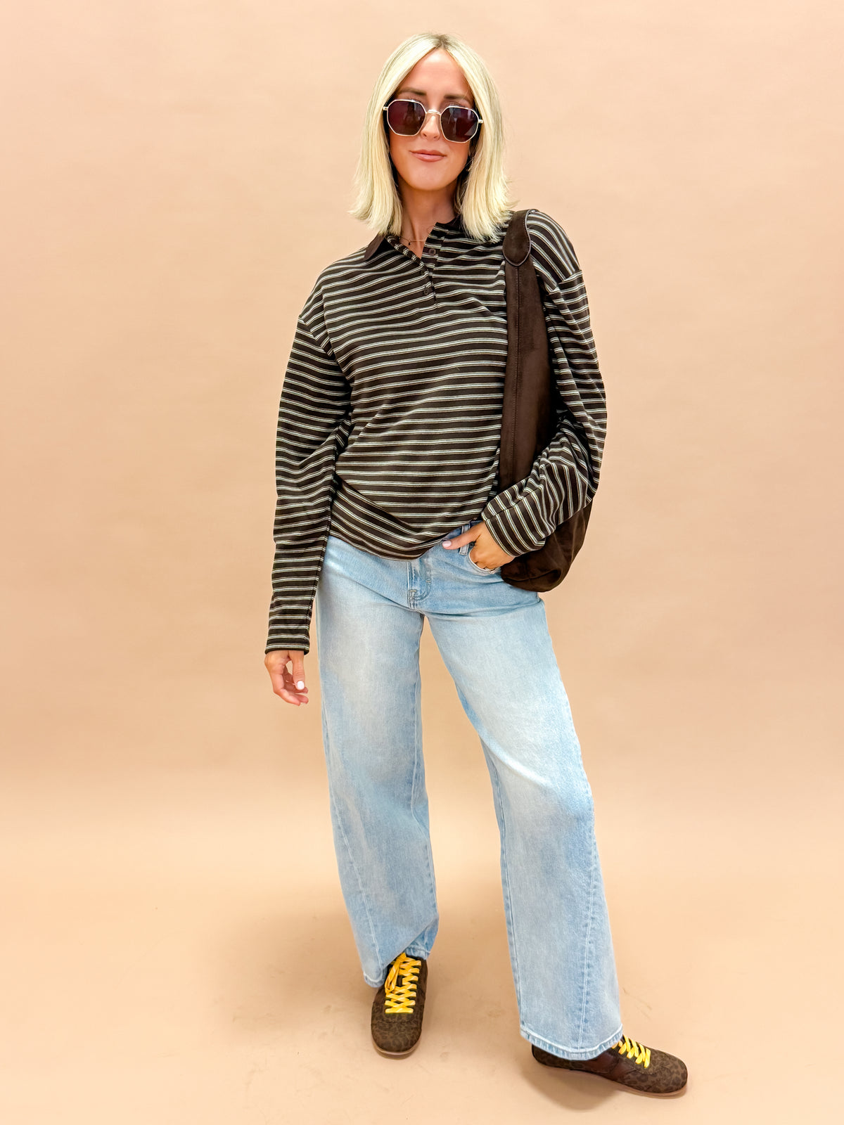 Thea Striped Button Front Collared Top-Chocolate