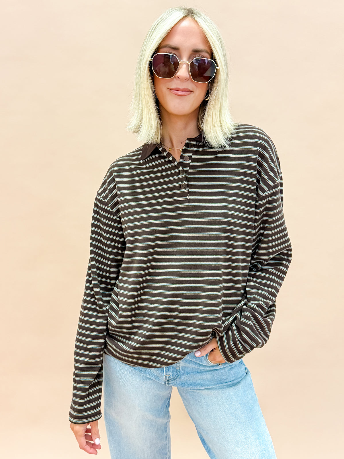 Thea Striped Button Front Collared Top-Chocolate