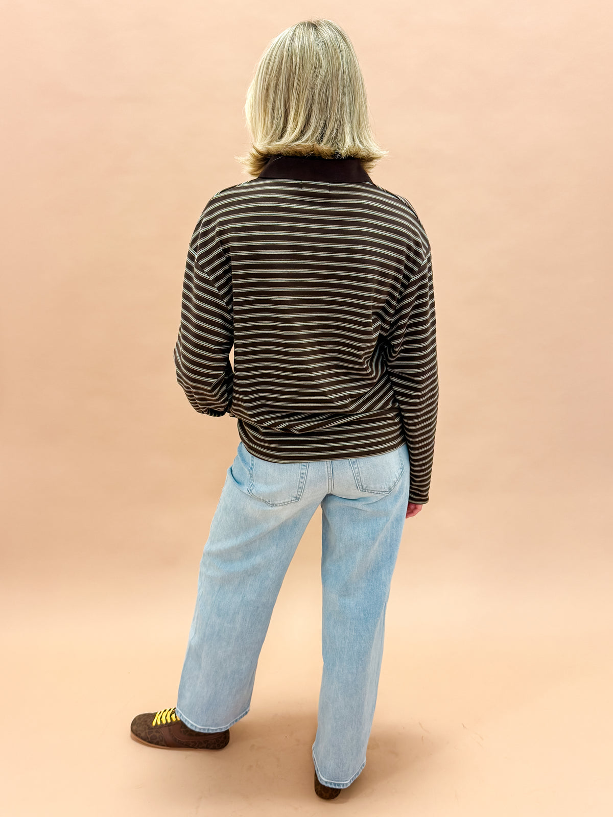Thea Striped Button Front Collared Top-Chocolate
