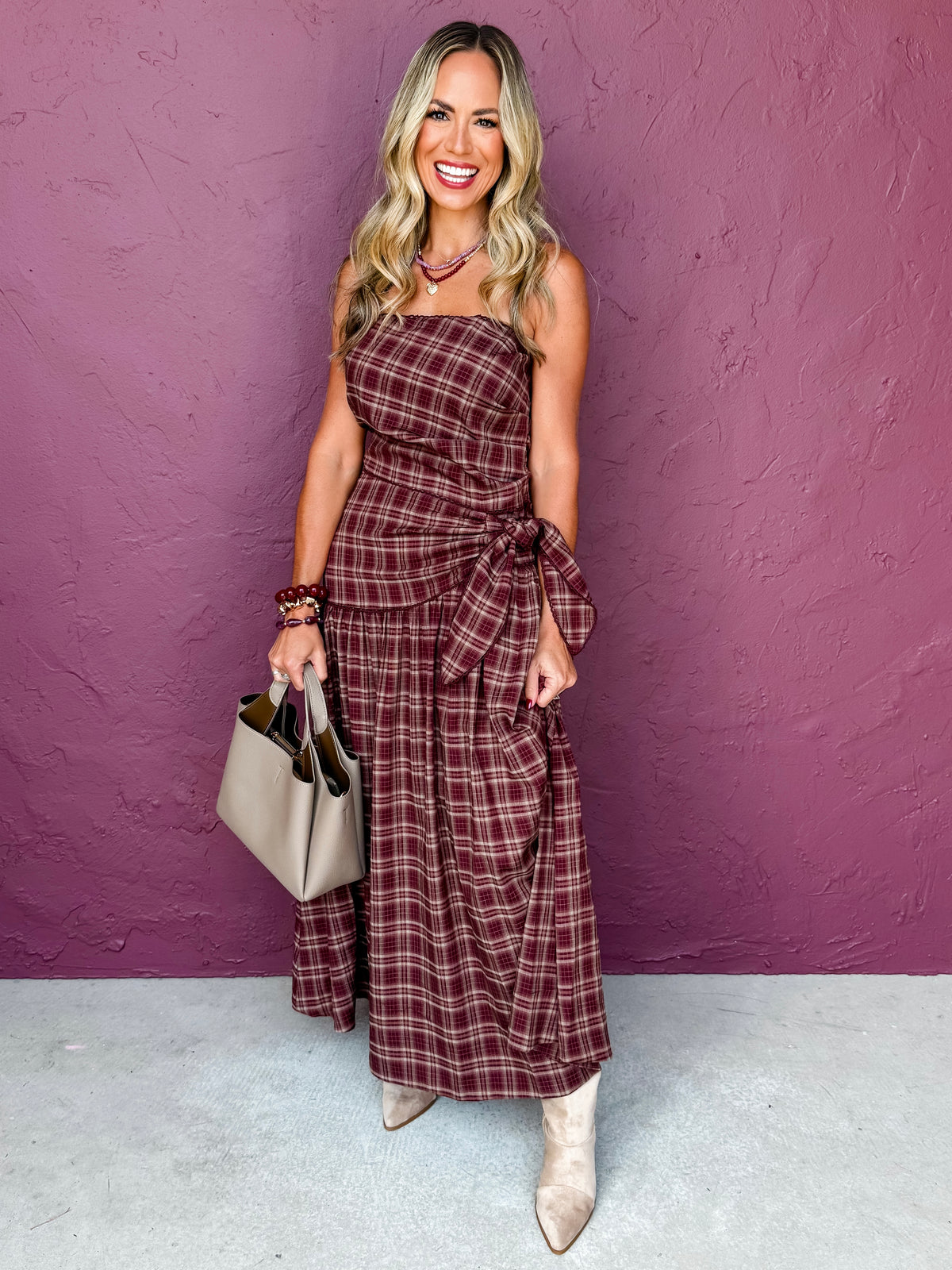 Victoria Strapless Plaid Midi Dress