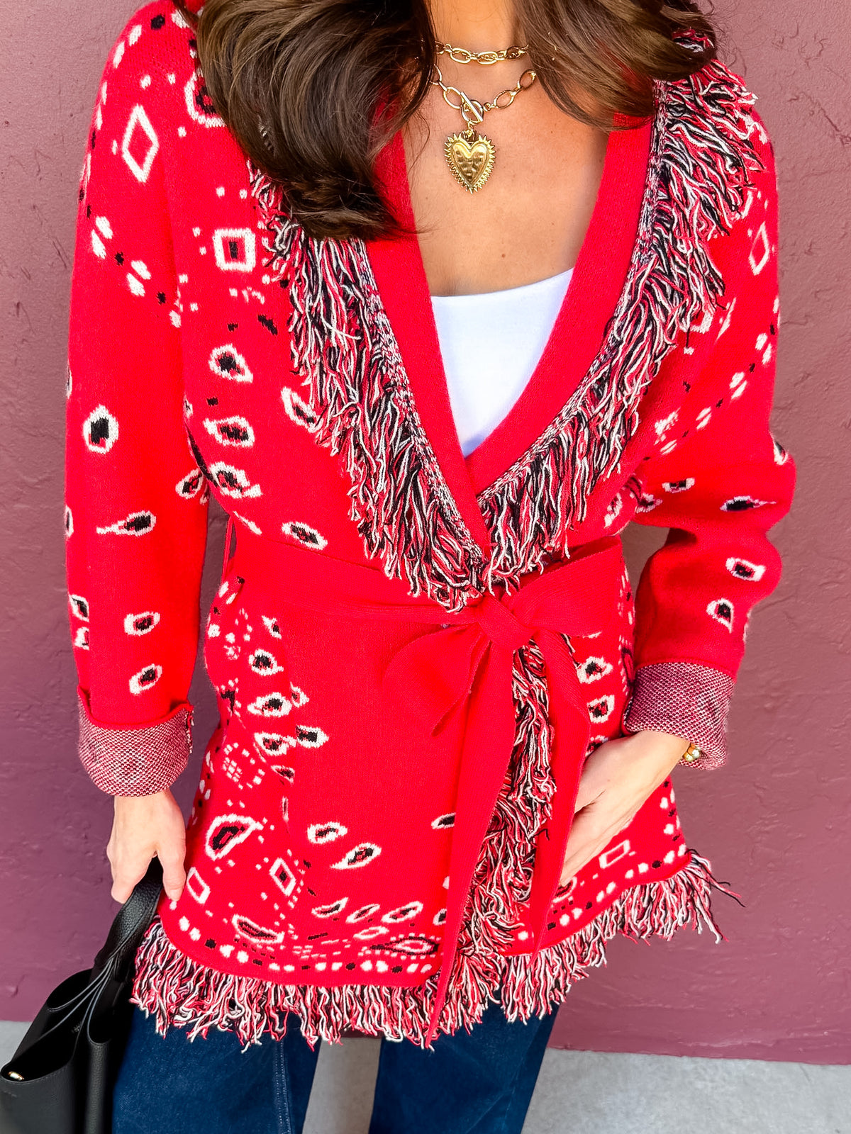 Vidalia Bandana Print Fringe Wrap Cardigan