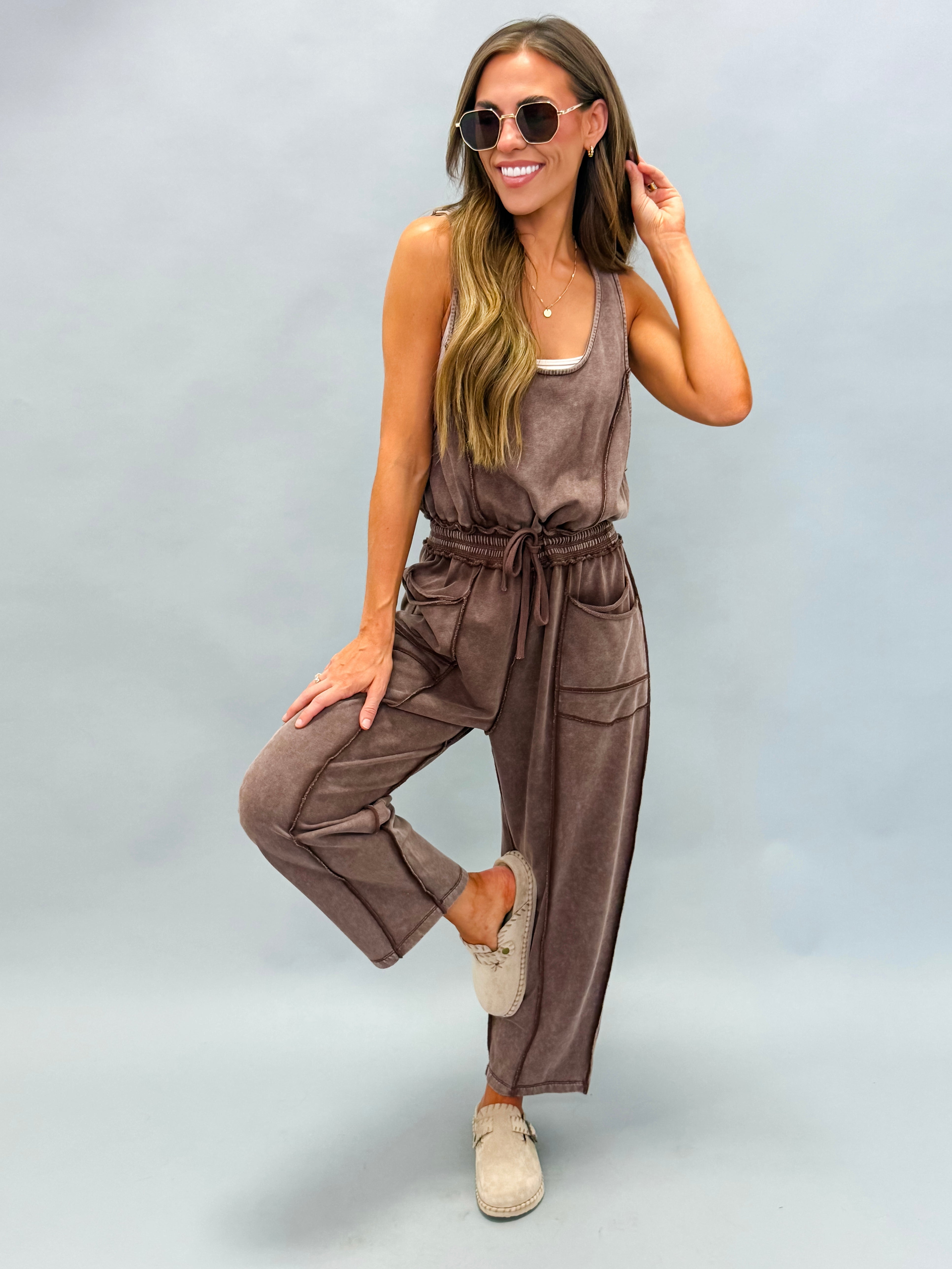 Willa Mineral Wash Barrel Utility Jumpsuit-Chocolate