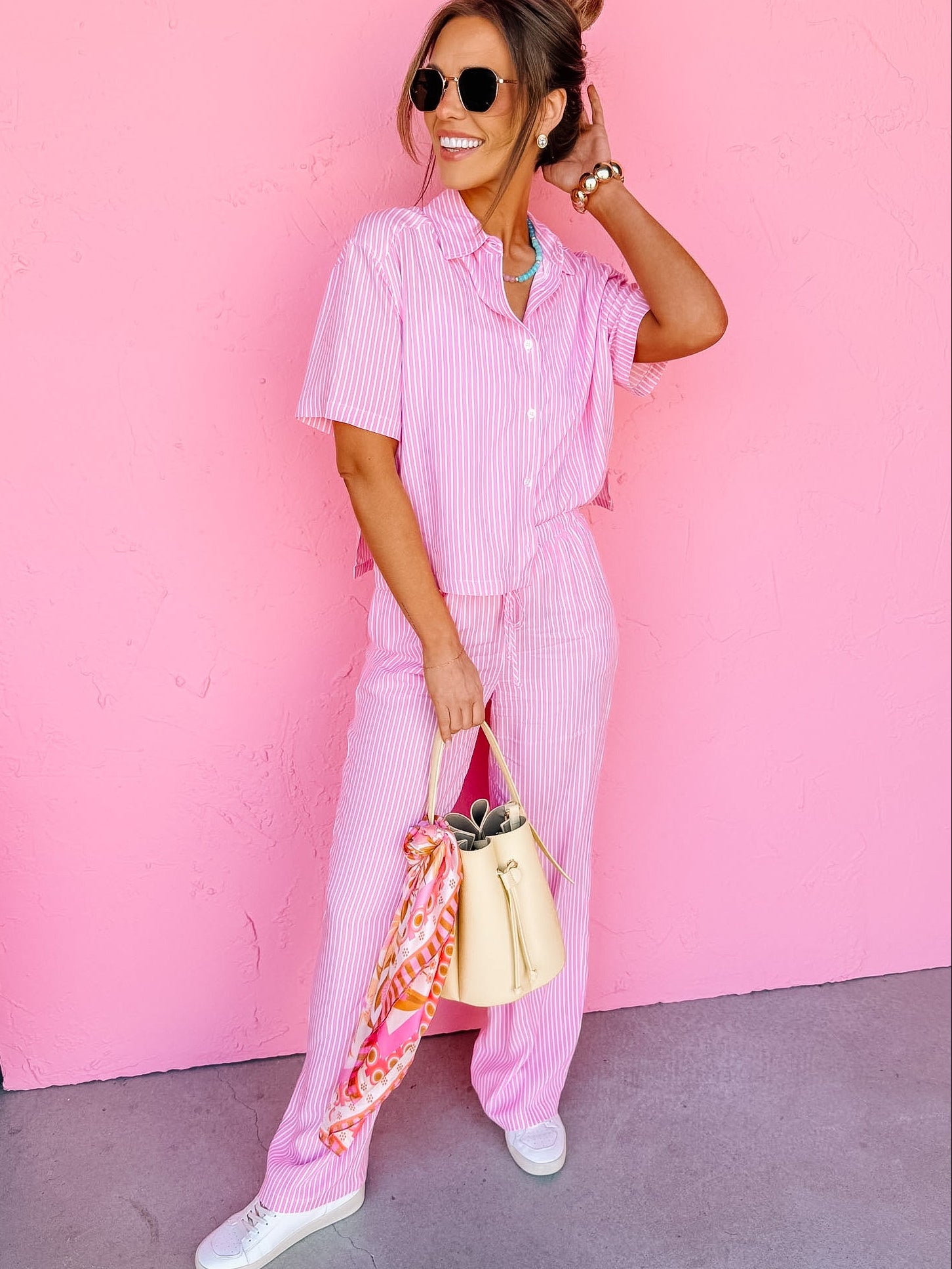 Winnola Striped Collared Top-Pink
