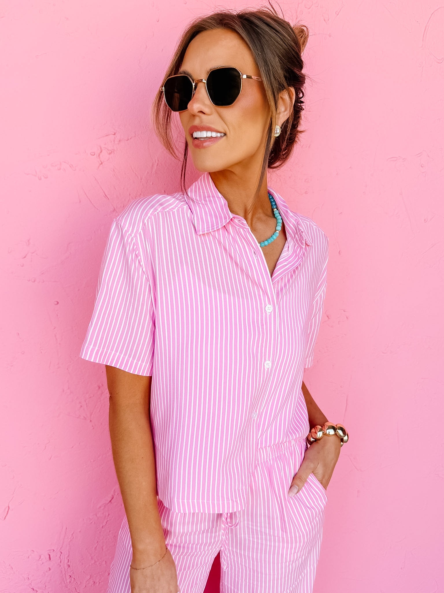 Winnola Striped Collared Top-Pink